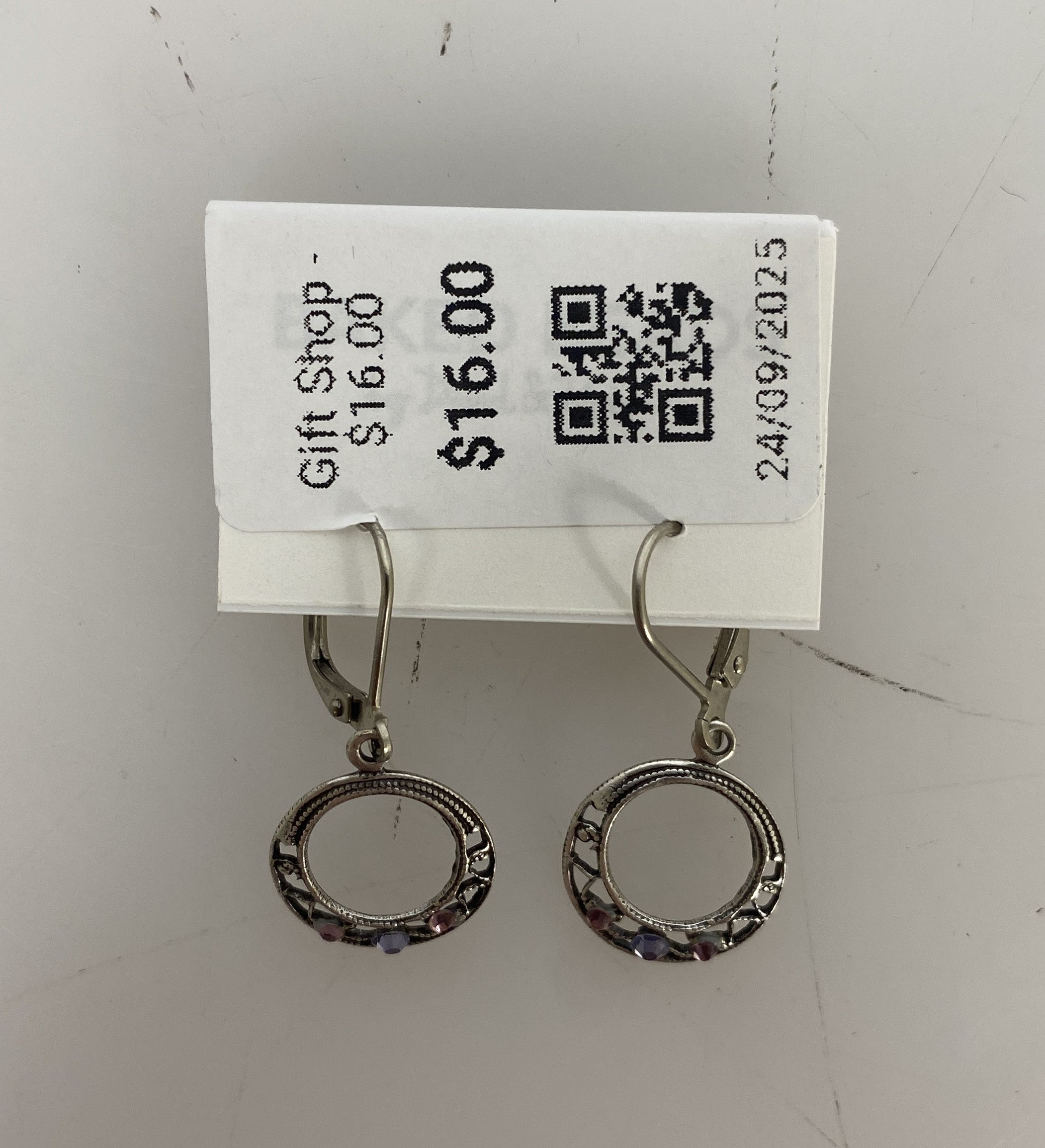 Silver Filigree Pink and Purple Crystal Hoop Earrings