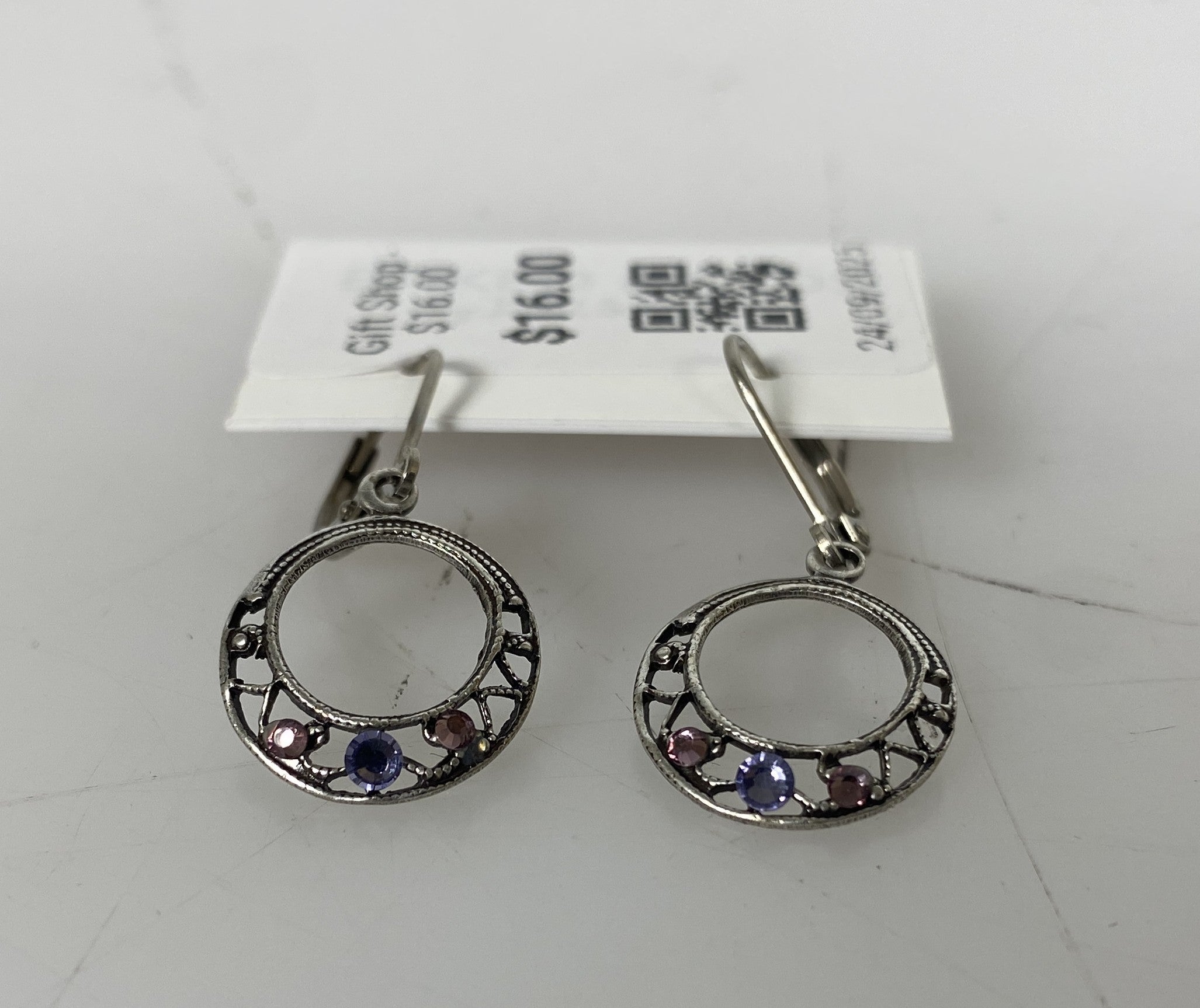 Silver Filigree Pink and Purple Crystal Hoop Earrings