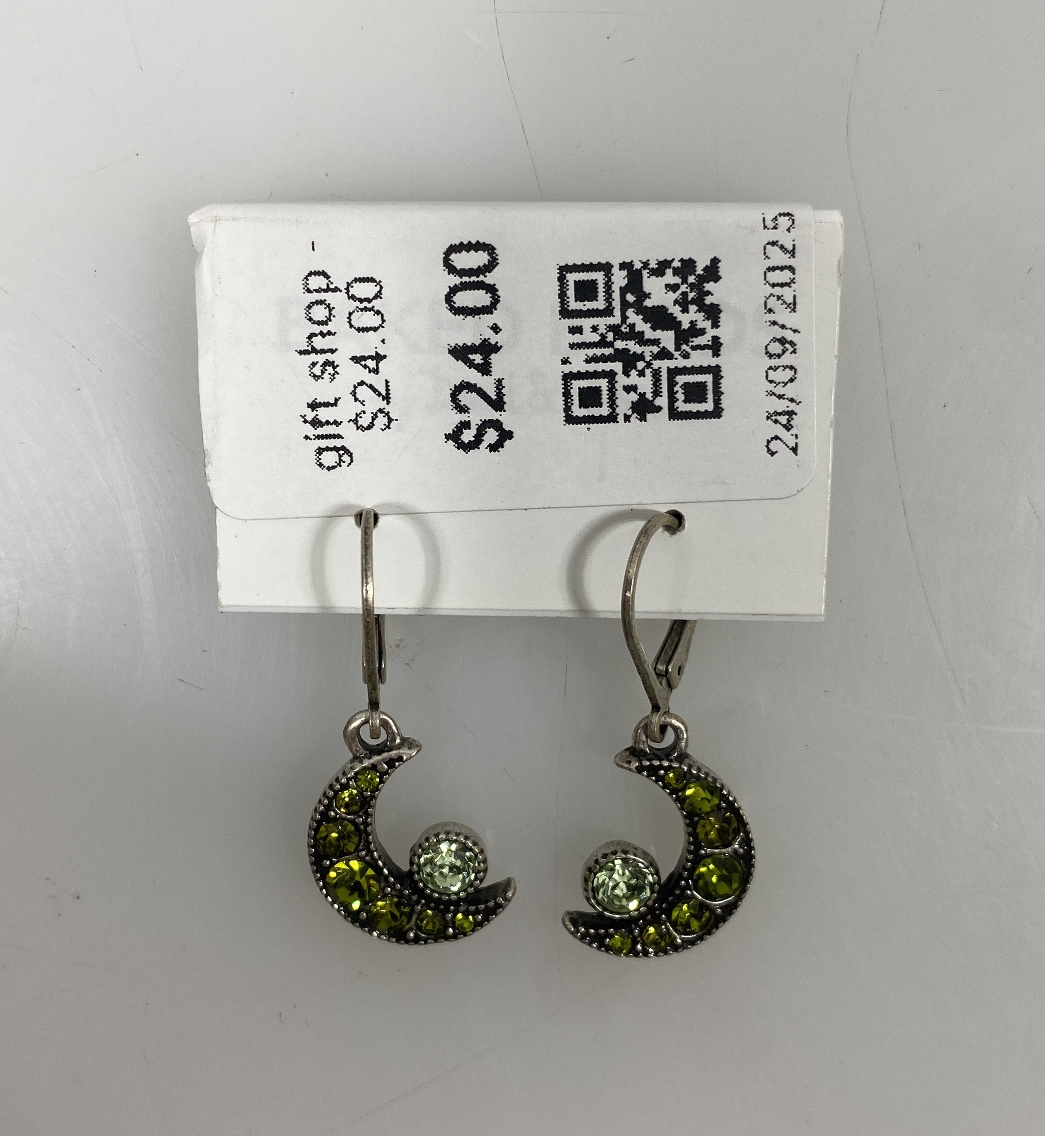 Silver Green Crystal Moon Earrings
