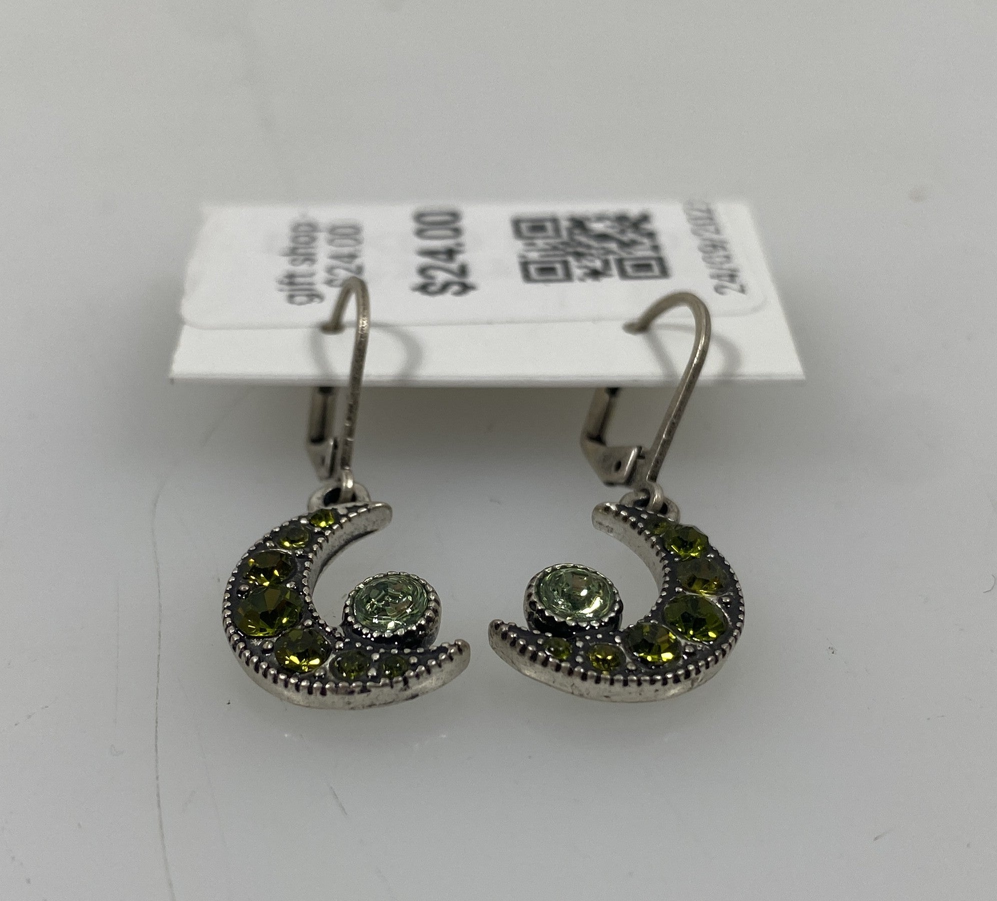 Silver Green Crystal Moon Earrings