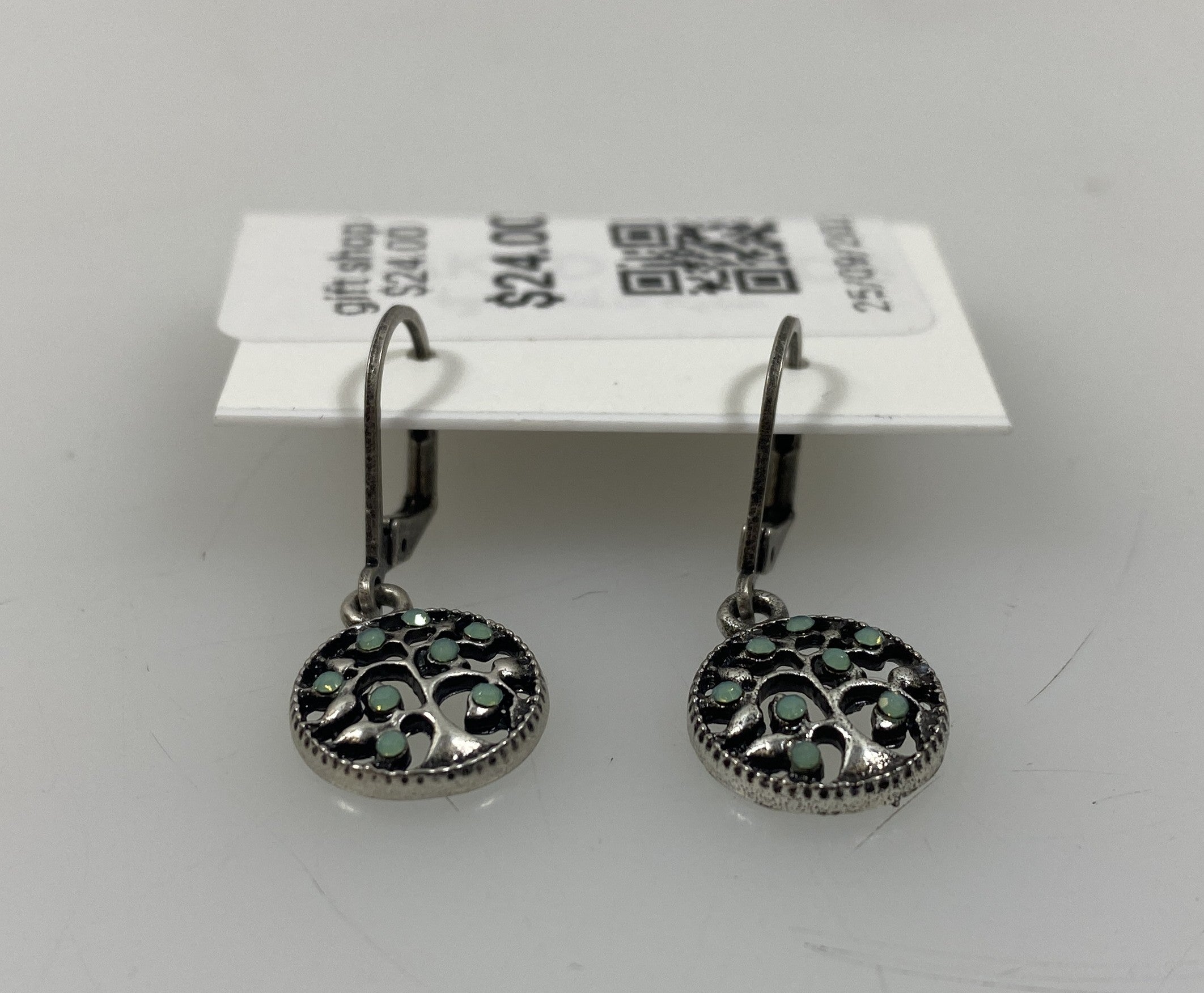 Silver Light Blue Crystal Tree of Life Earrings