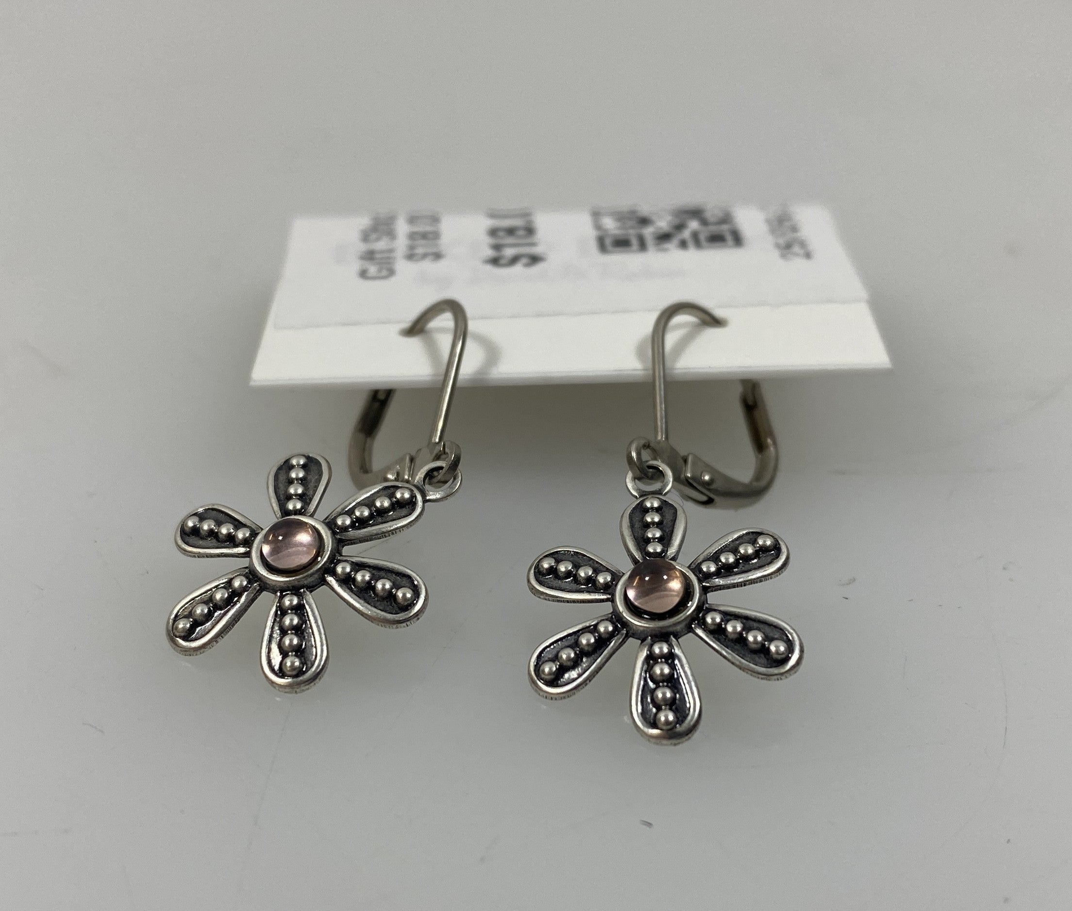 Silver Light Pink Crystal Granulated Flower Earrings