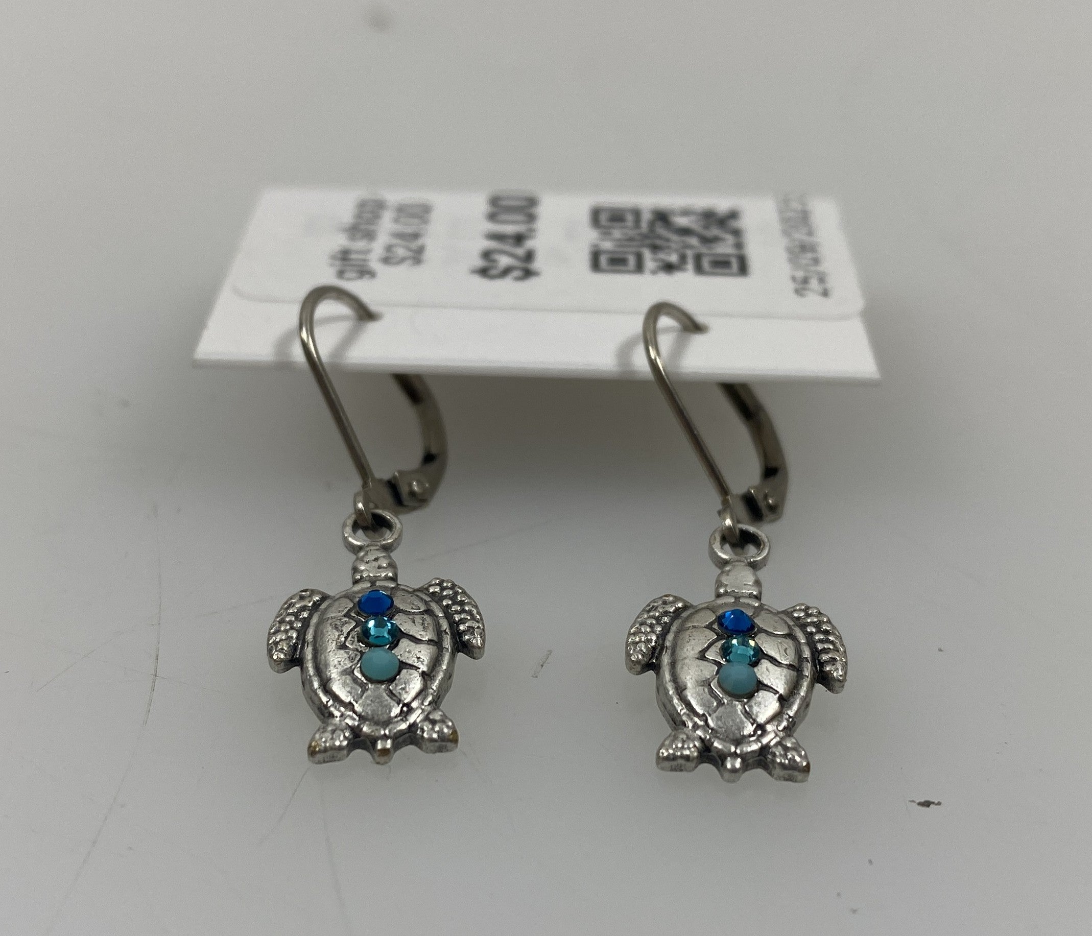 Silver Multi Blue Crystal Turtle Earrings