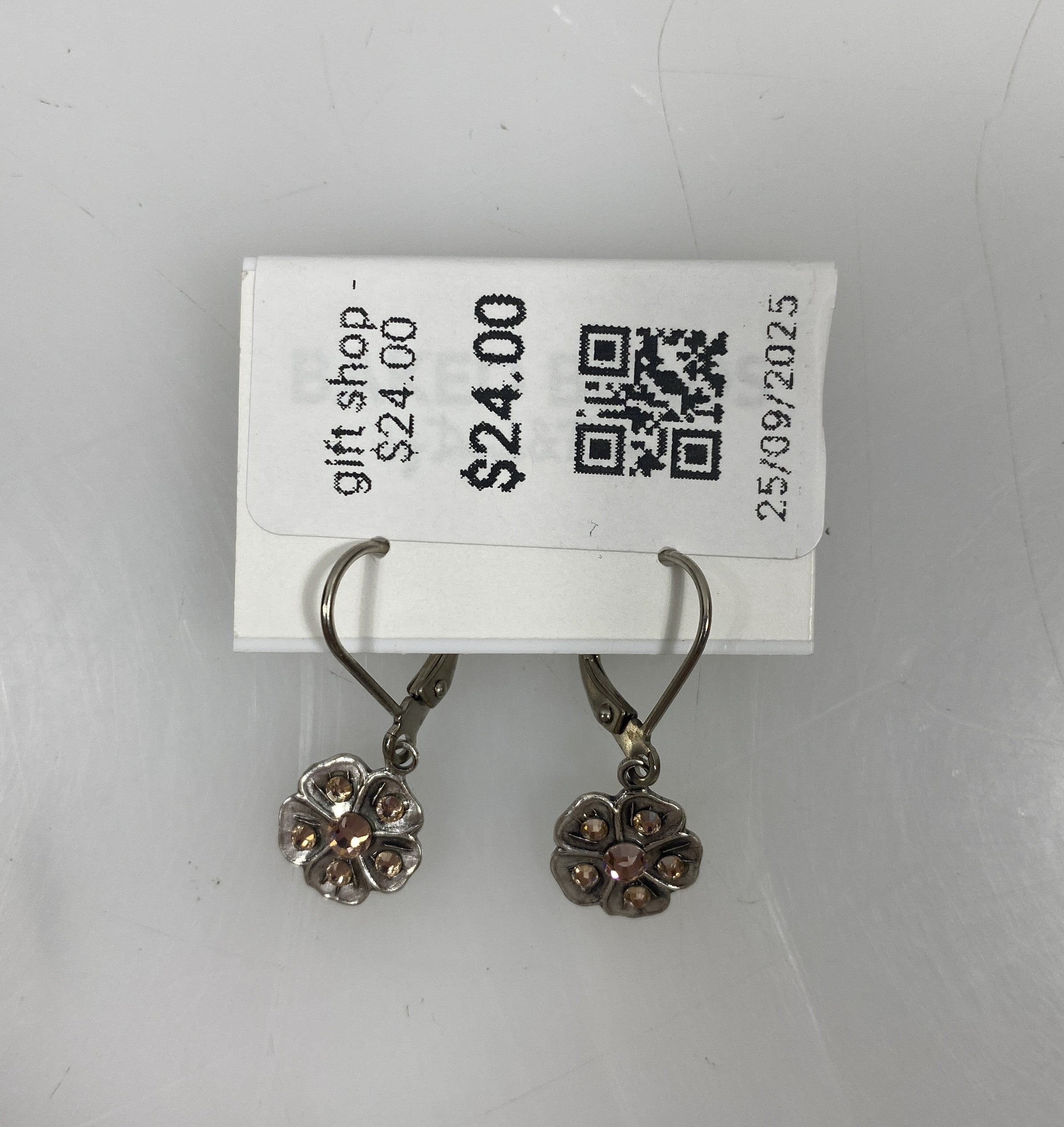 Silver Pink Crystal Flower Earrings