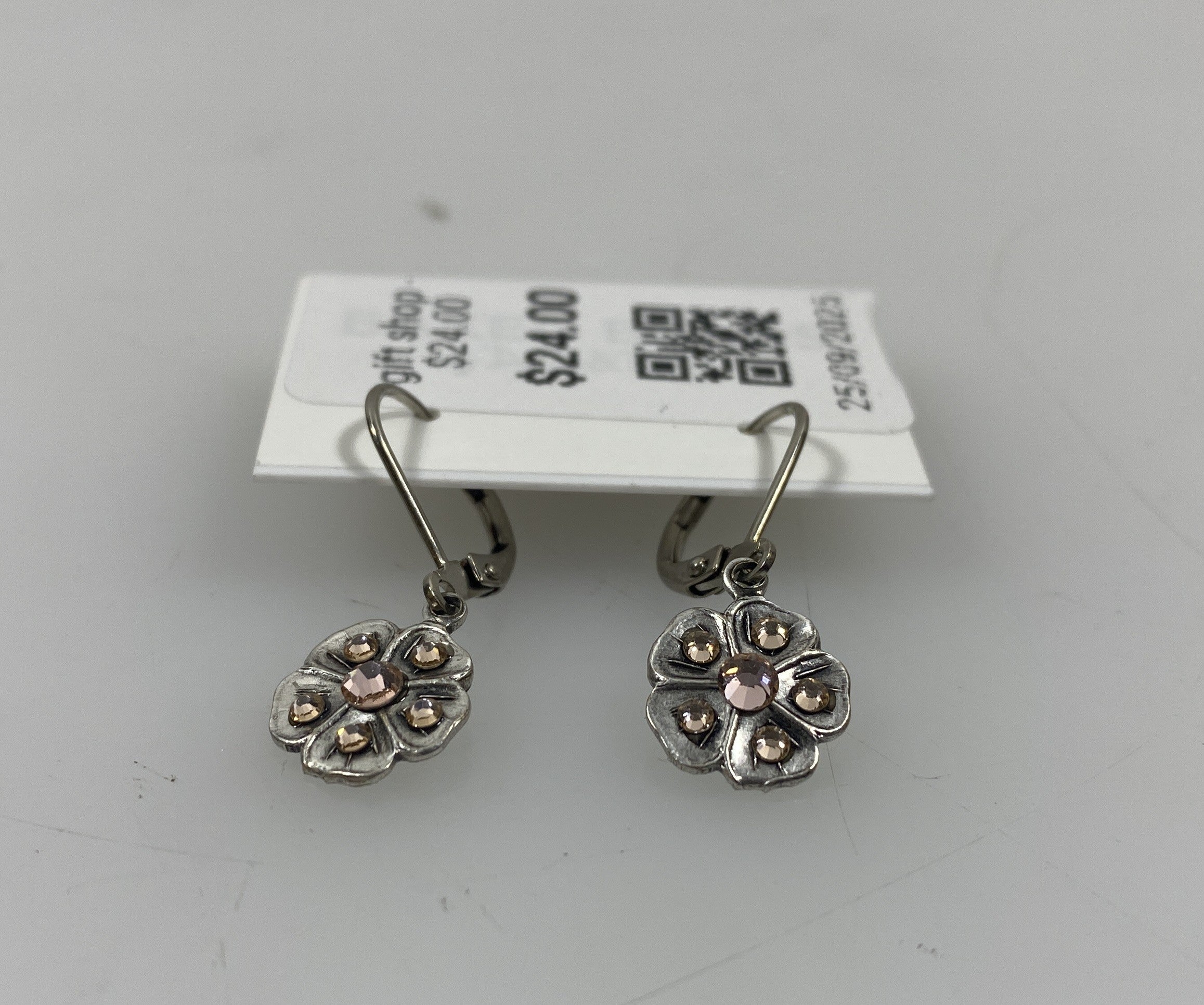 Silver Pink Crystal Flower Earrings