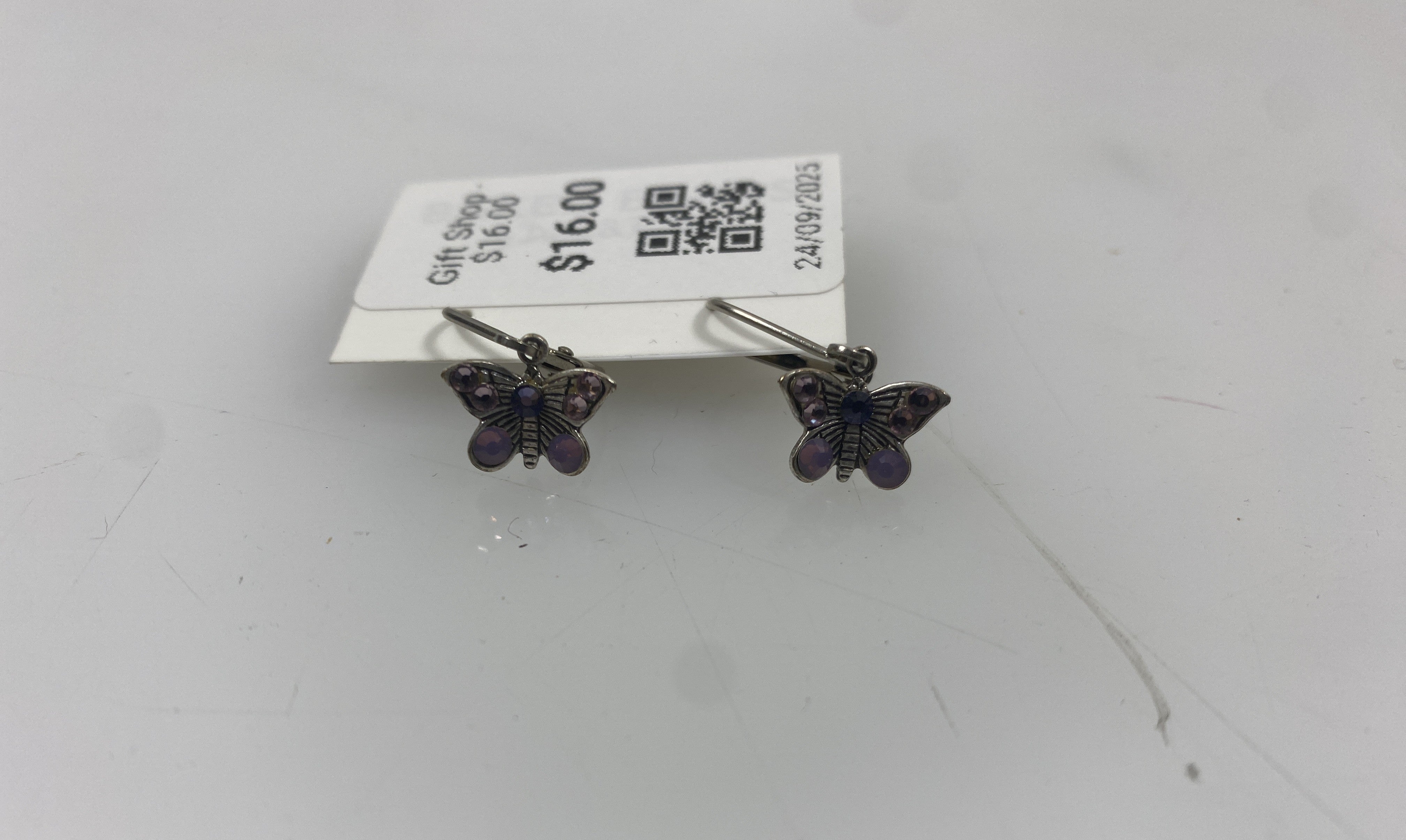 Silver Purple Beaded Butterfly Earrings