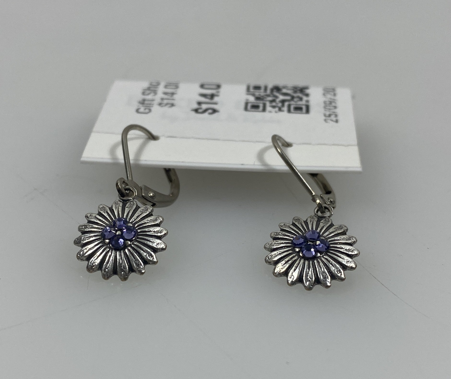 Silver Purple Crystal Sunflower Earrings