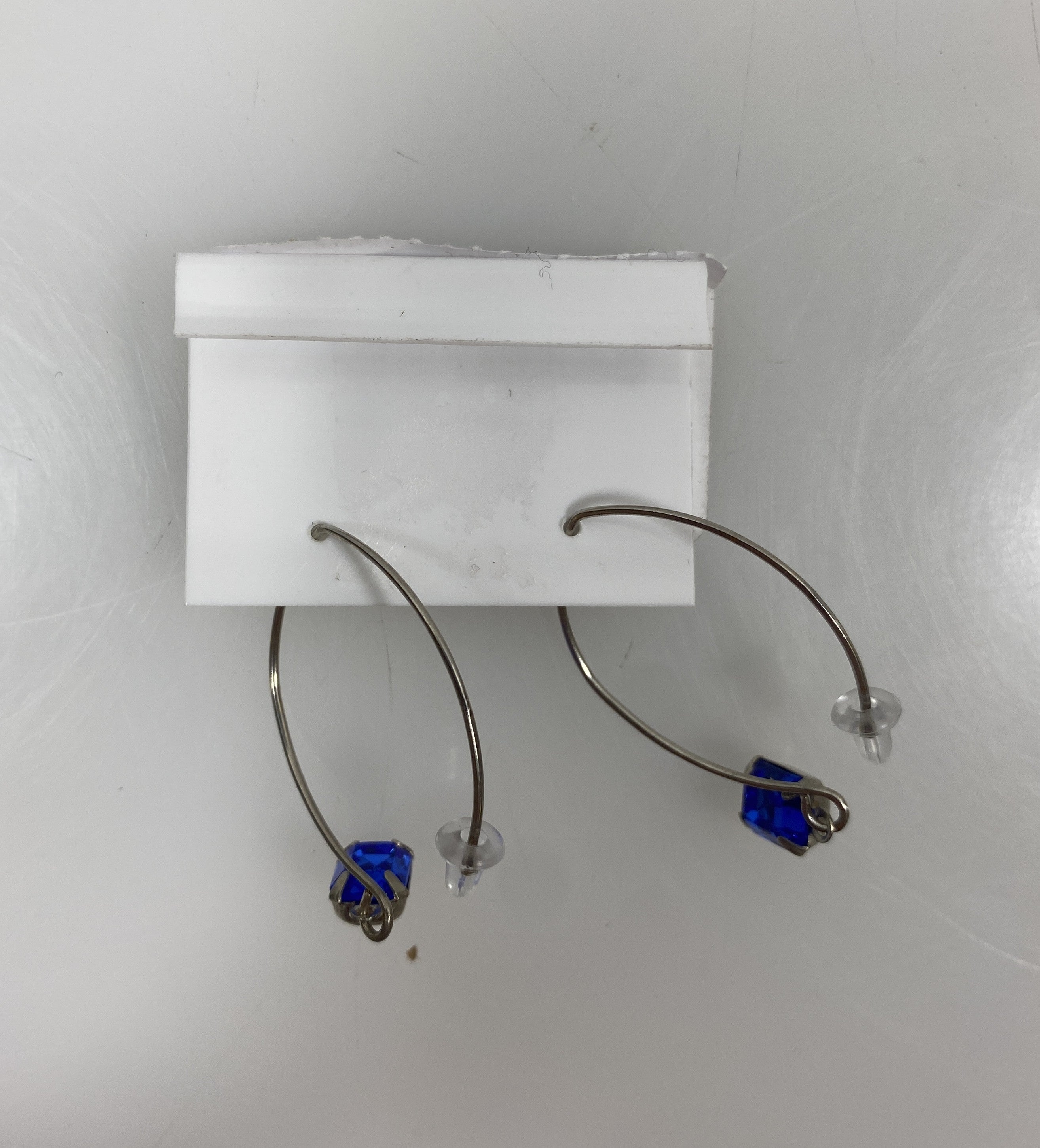Silver Rectangular Blue Crystal Dangle Earrings
