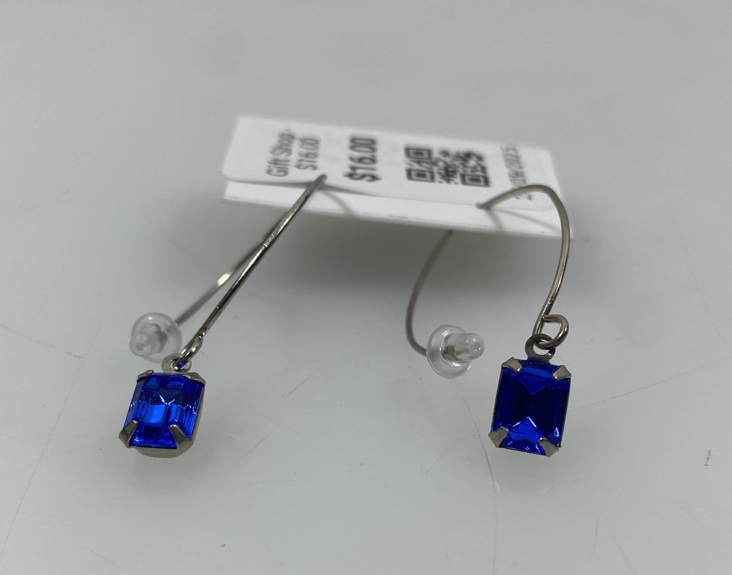 Silver Rectangular Blue Crystal Dangle Earrings