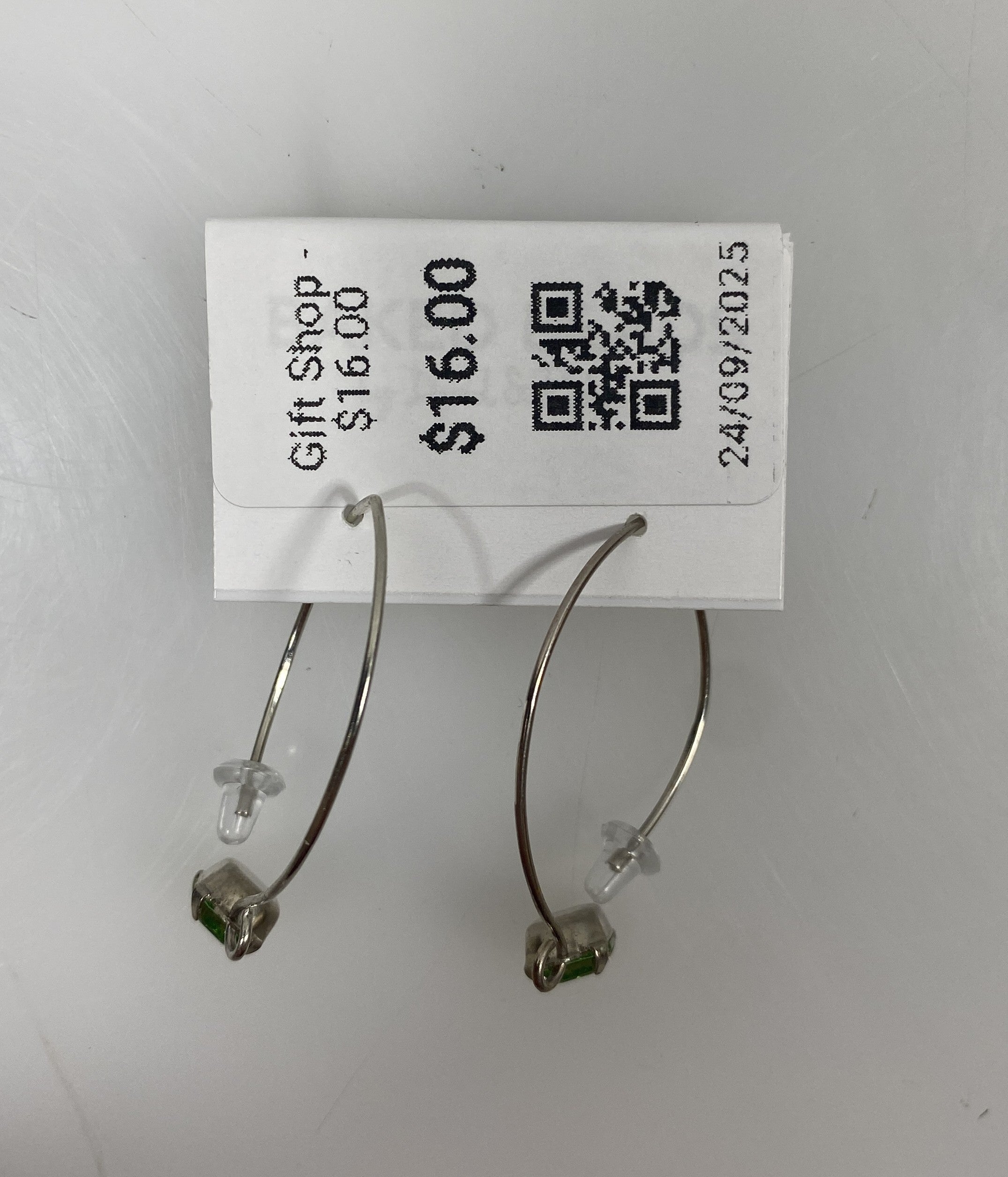 Silver Rectangular Green Crystal Dangle Earrings