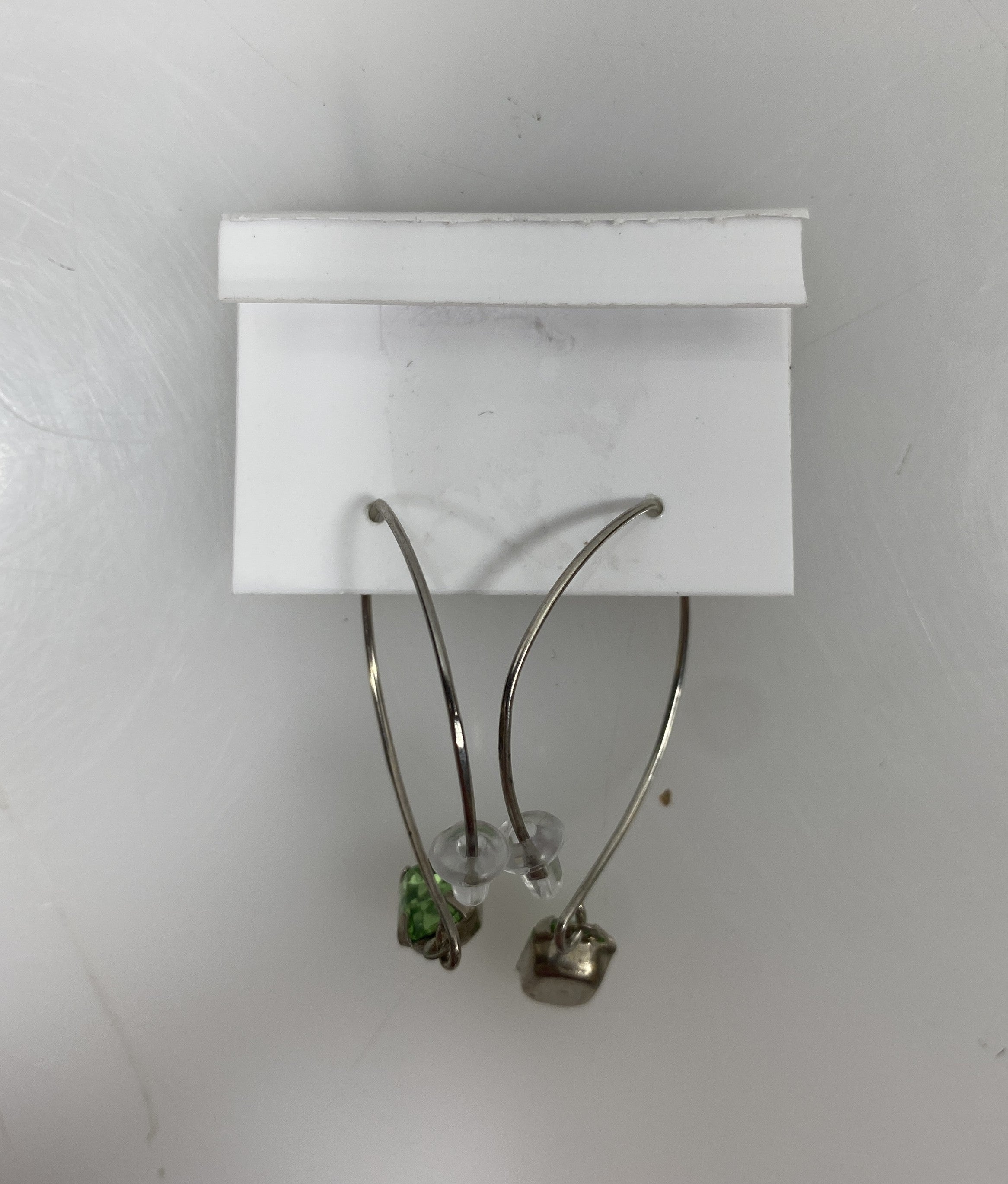 Silver Rectangular Green Crystal Dangle Earrings