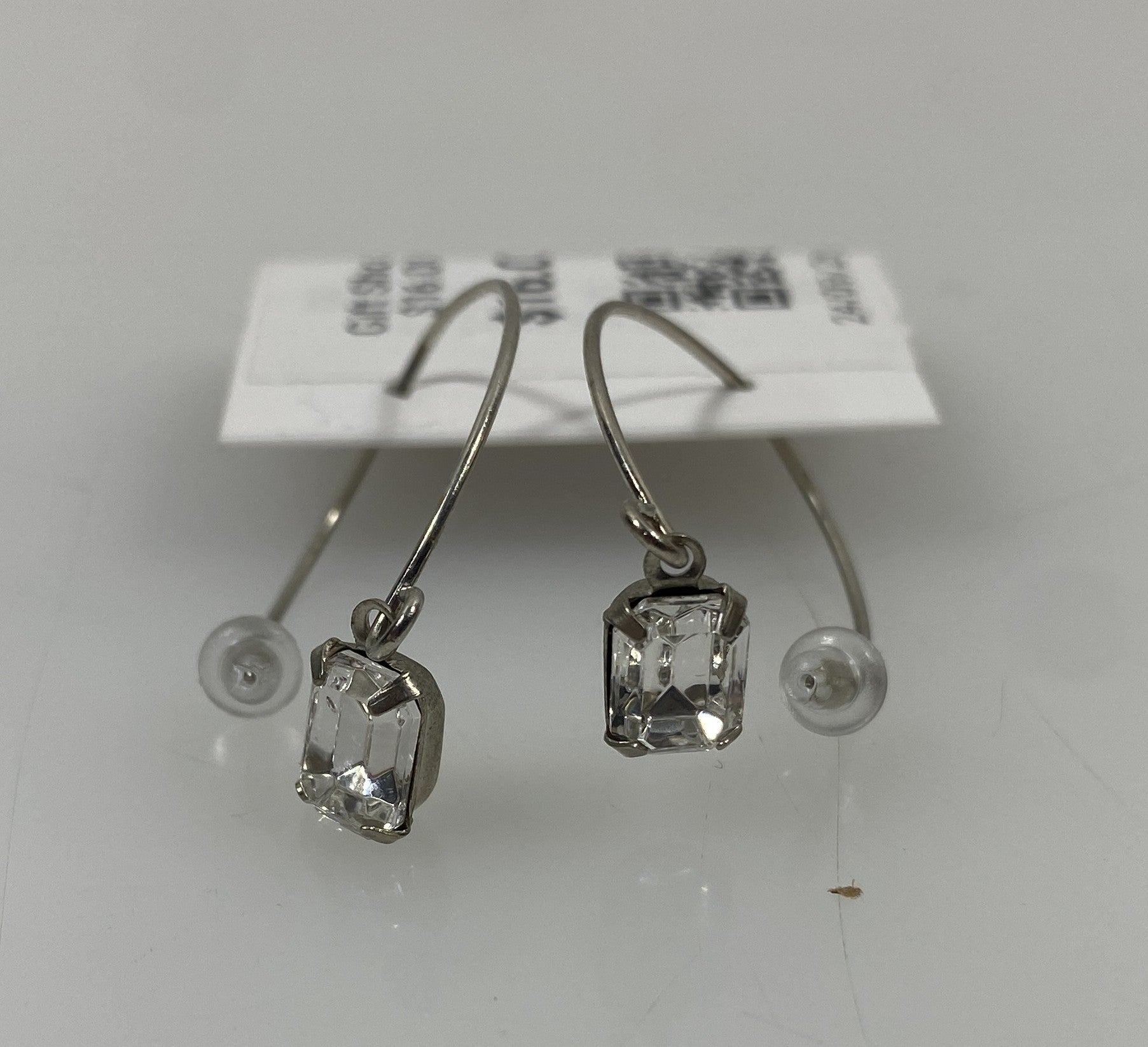 Silver Rectangular White Crystal Dangle Earrings