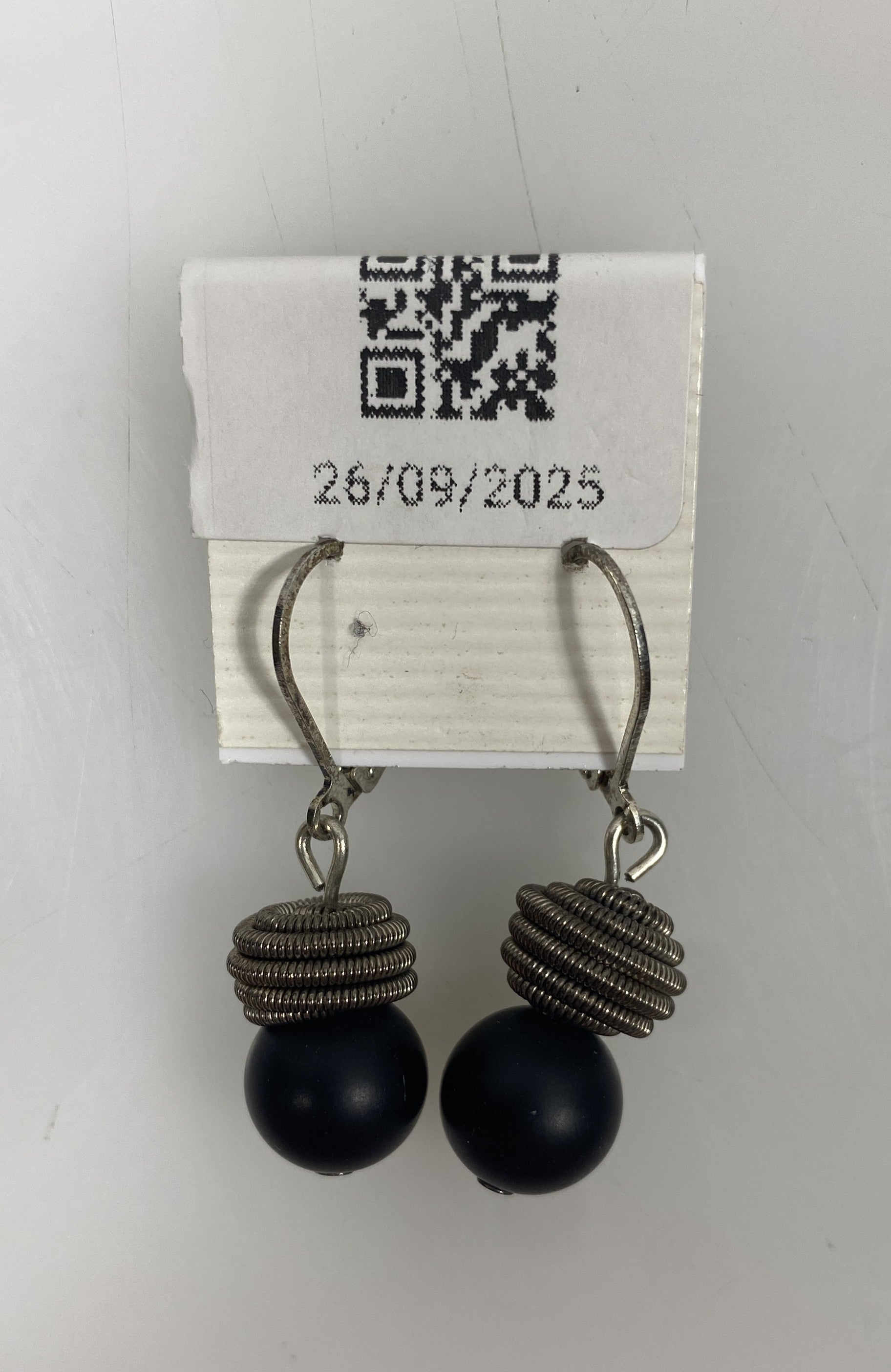 Silver Spring Wire Ball Black Bead Dangle Earrings