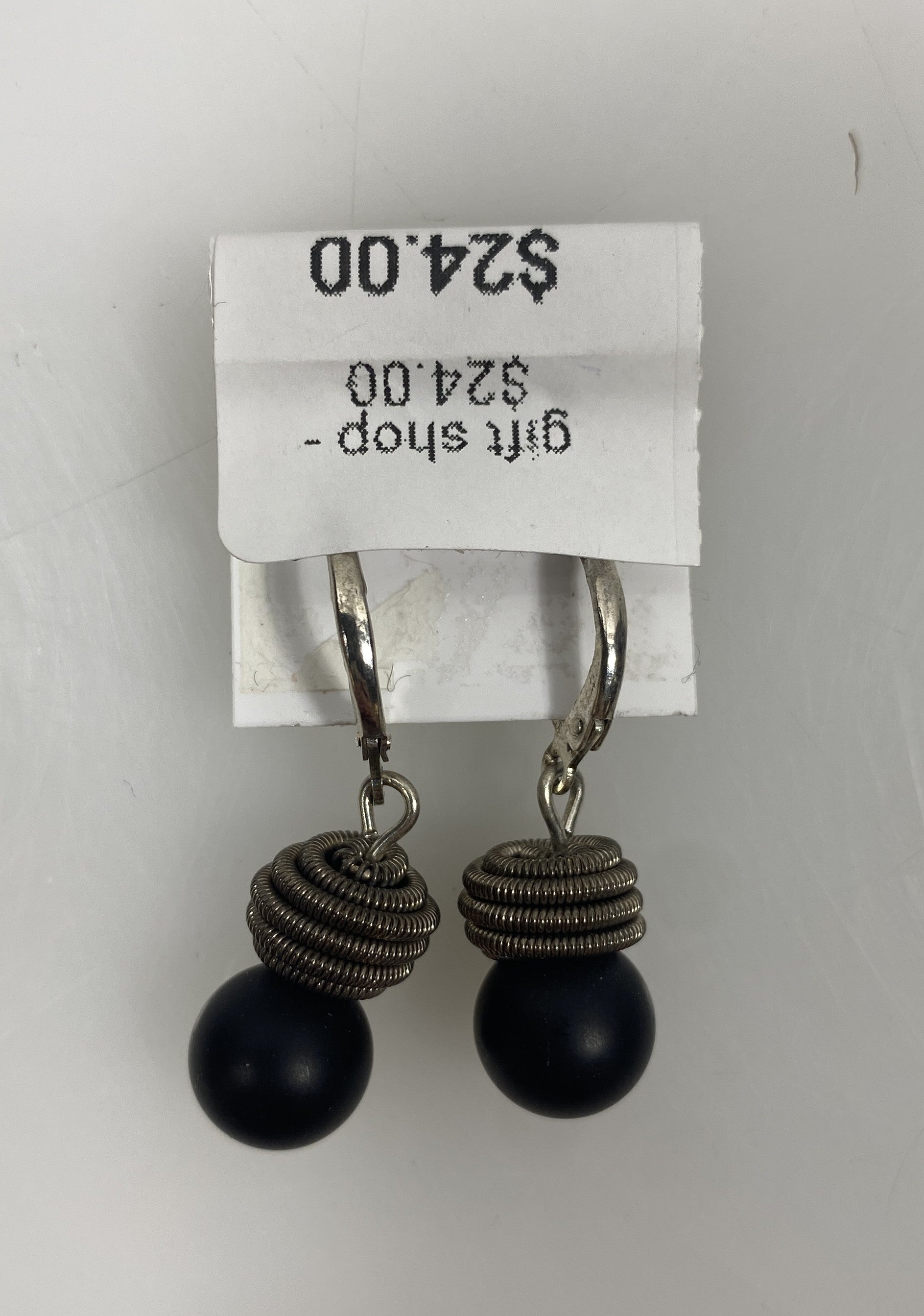 Silver Spring Wire Ball Black Bead Dangle Earrings