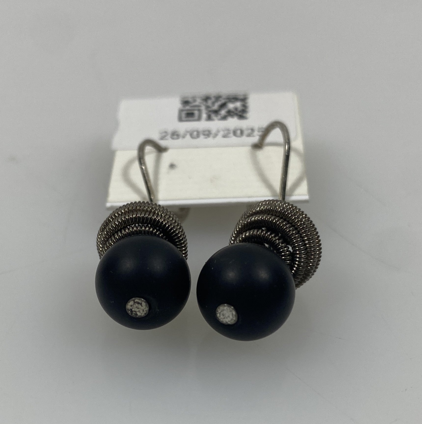 Silver Spring Wire Ball Black Bead Dangle Earrings