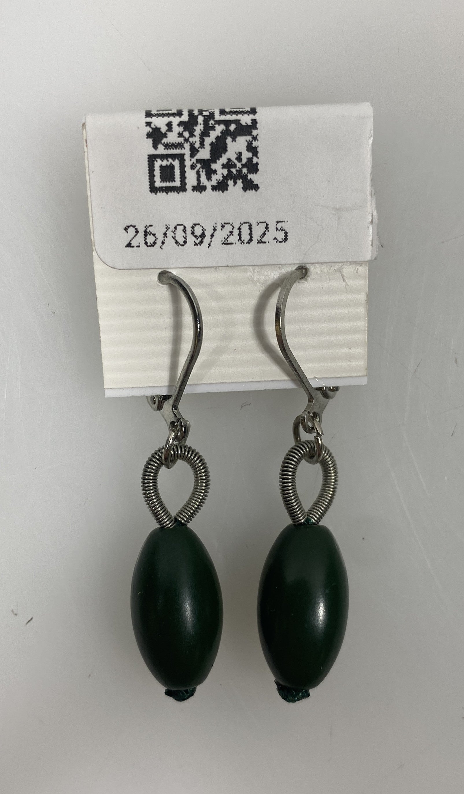 Silver Spring Wire Green Bead Dangle Earrings