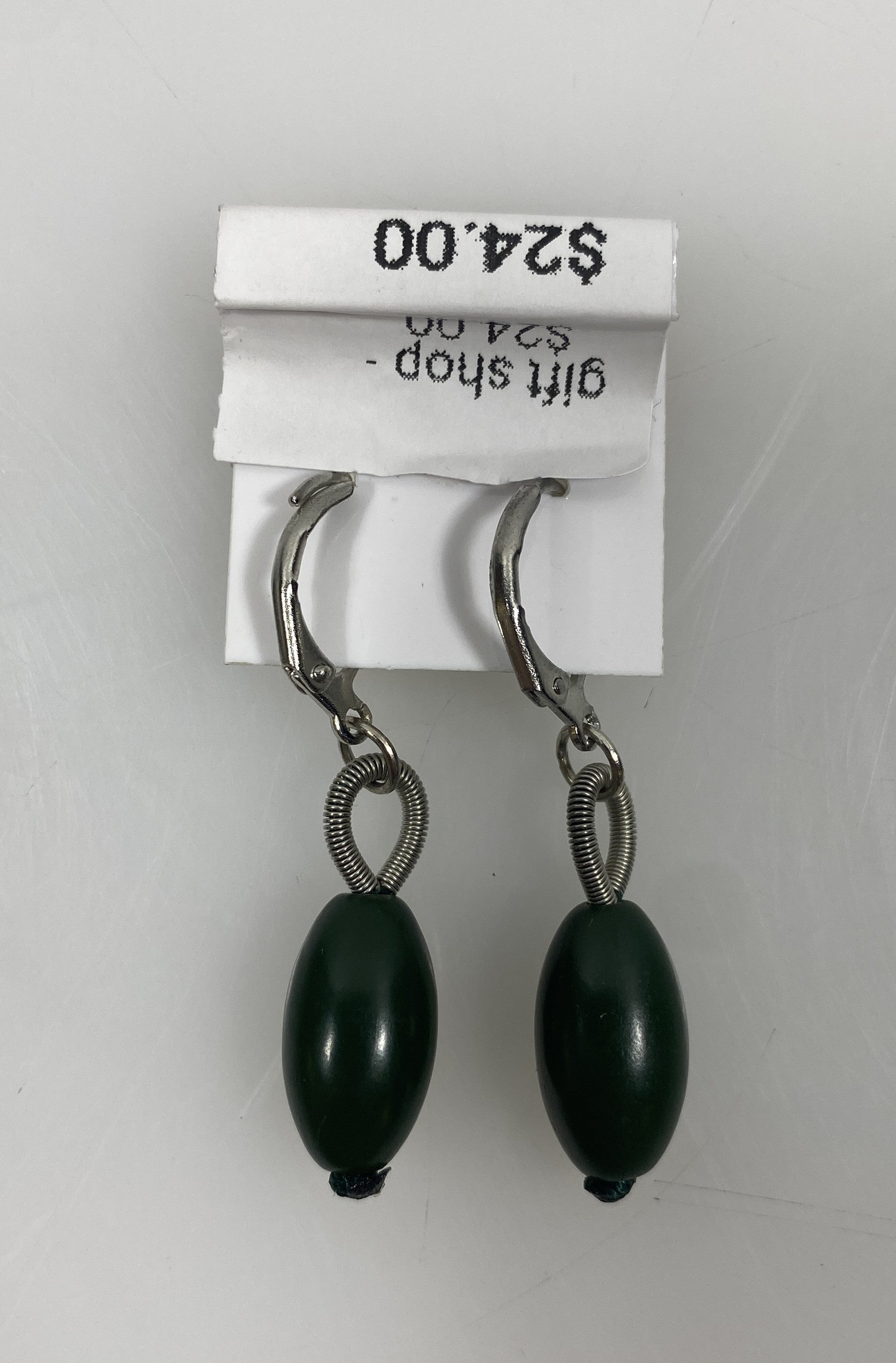 Silver Spring Wire Green Bead Dangle Earrings