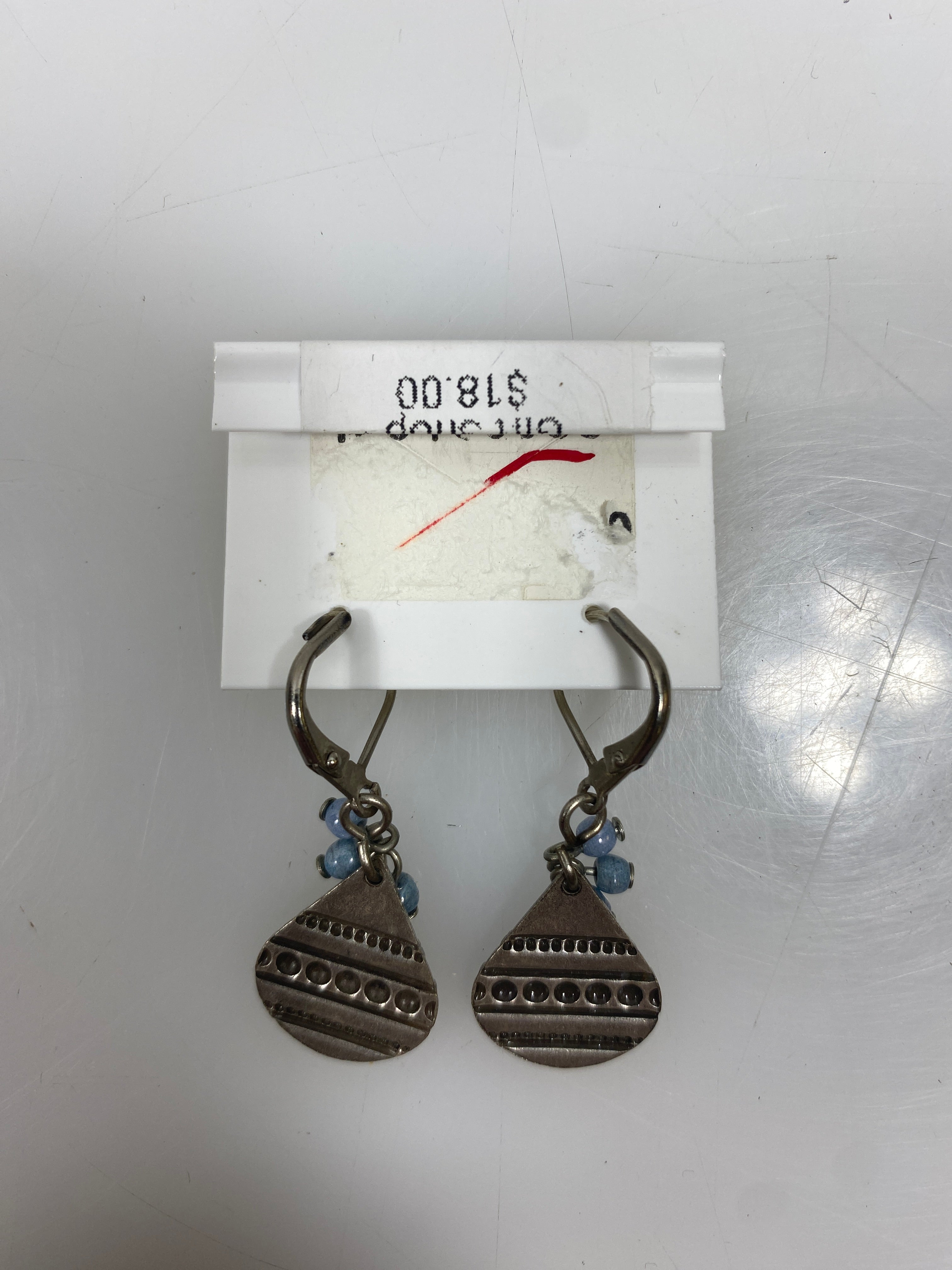 Silver Textured Raindrop Blue Bead Charm Earrings
