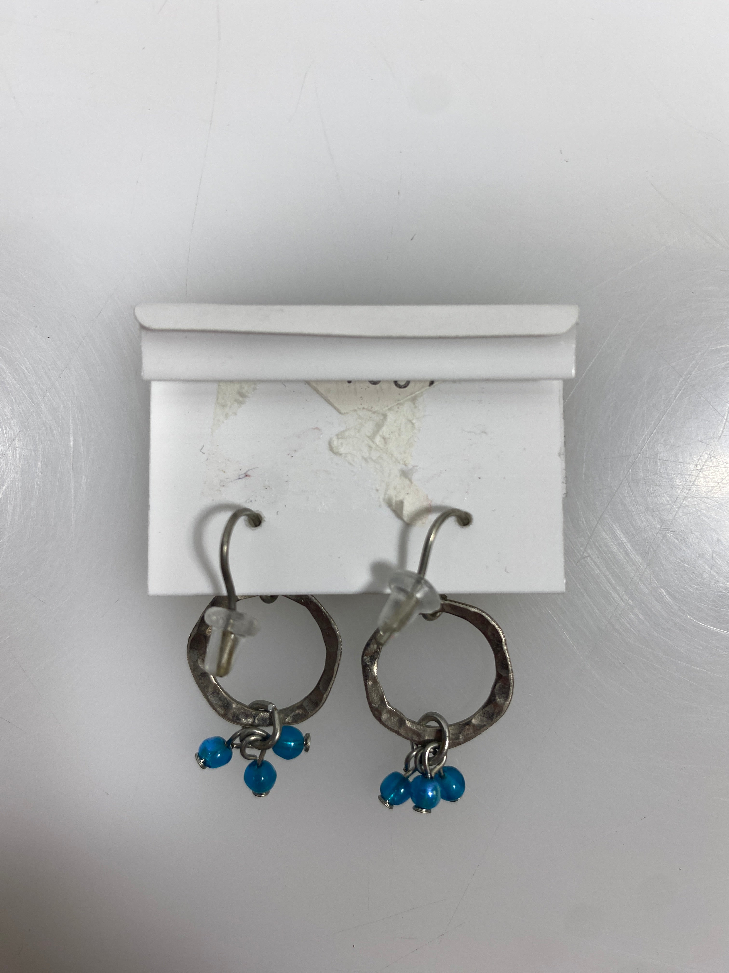 Silver Textured Ring Blue Bead Charm Earrings