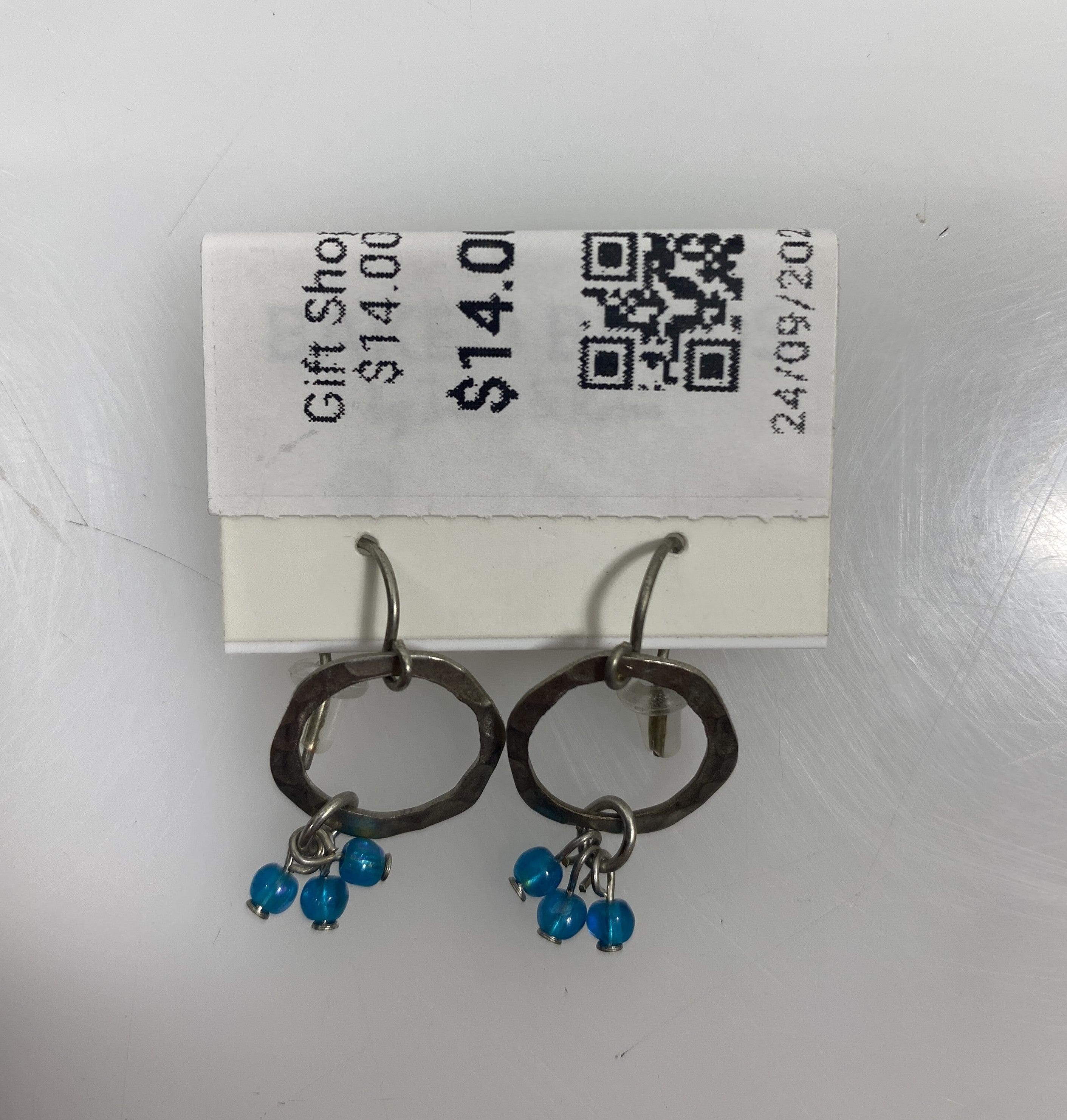 Silver Textured Ring Blue Bead Charm Earrings
