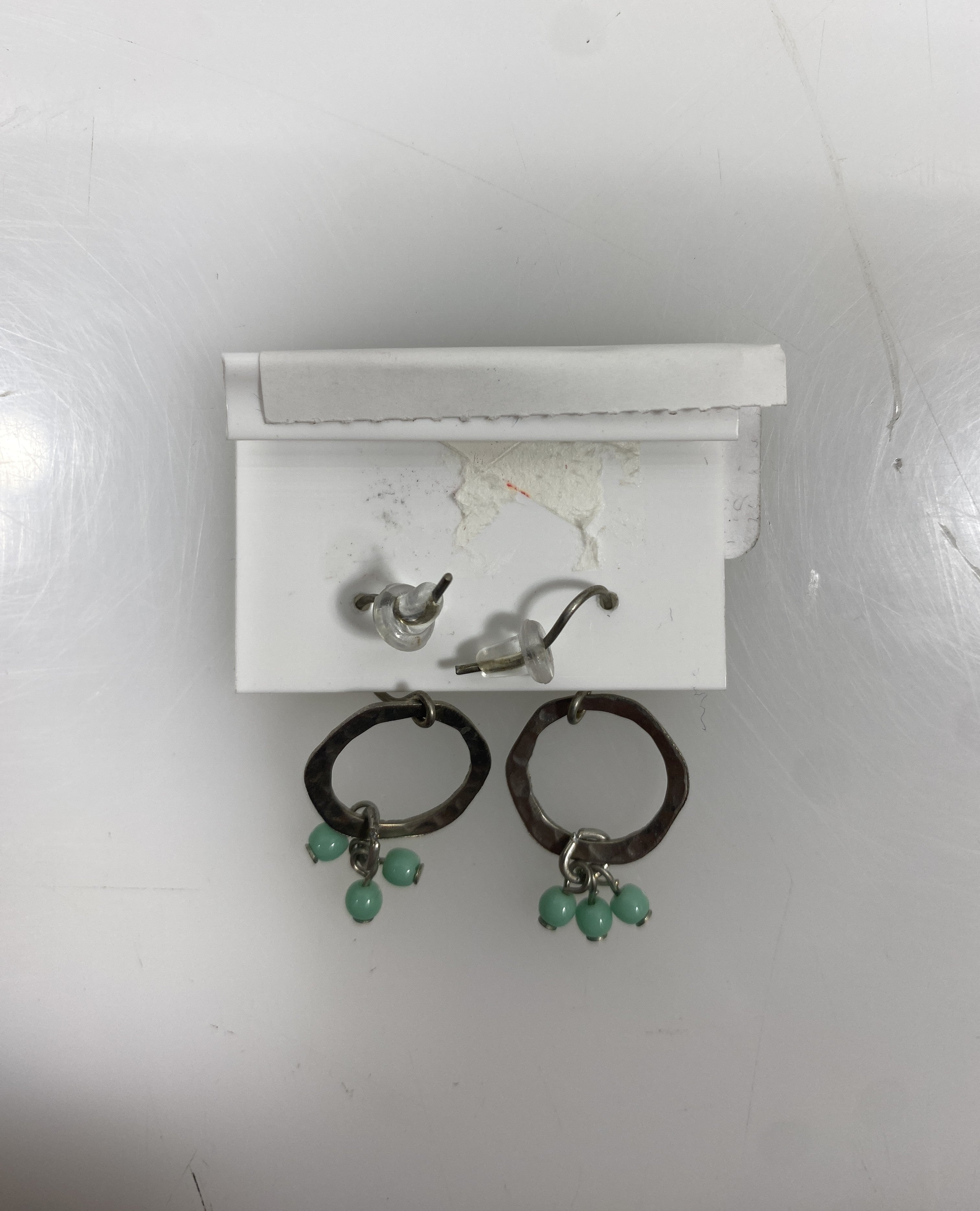 Silver Textured Ring Teal Bead Charm Earrings
