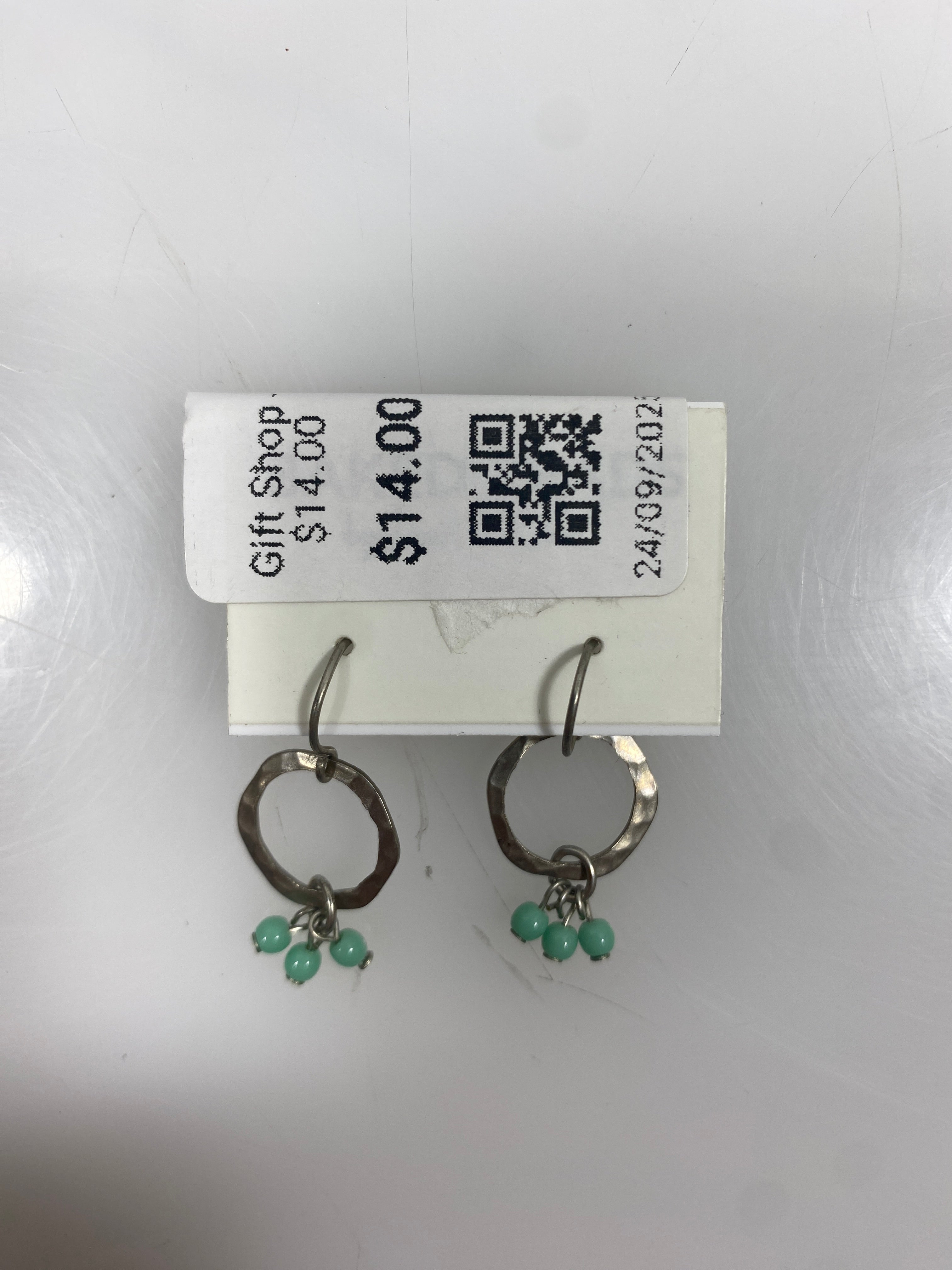 Silver Textured Ring Teal Bead Charm Earrings