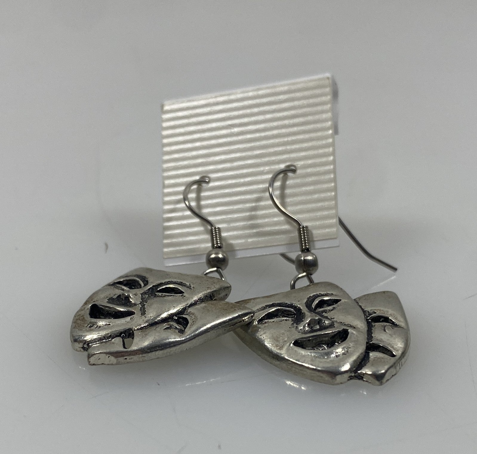 Silver Theater Mask Dangle Earrings