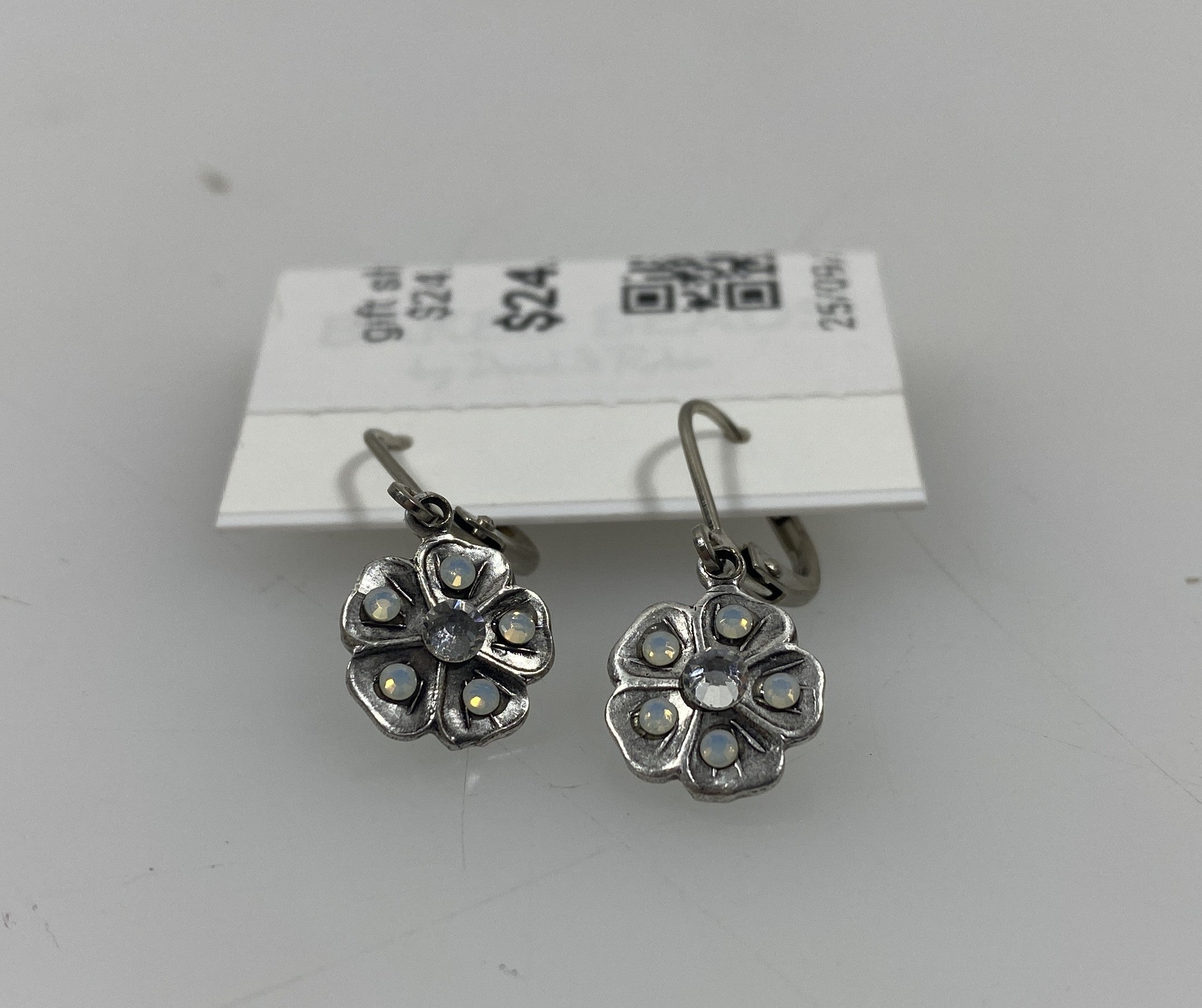 Silver White Crystal Flower Earrings