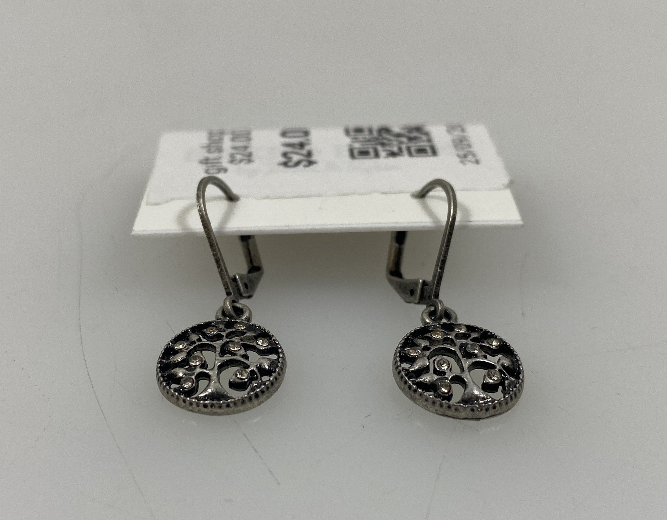 Silver White Crystal Tree of Life Earrings