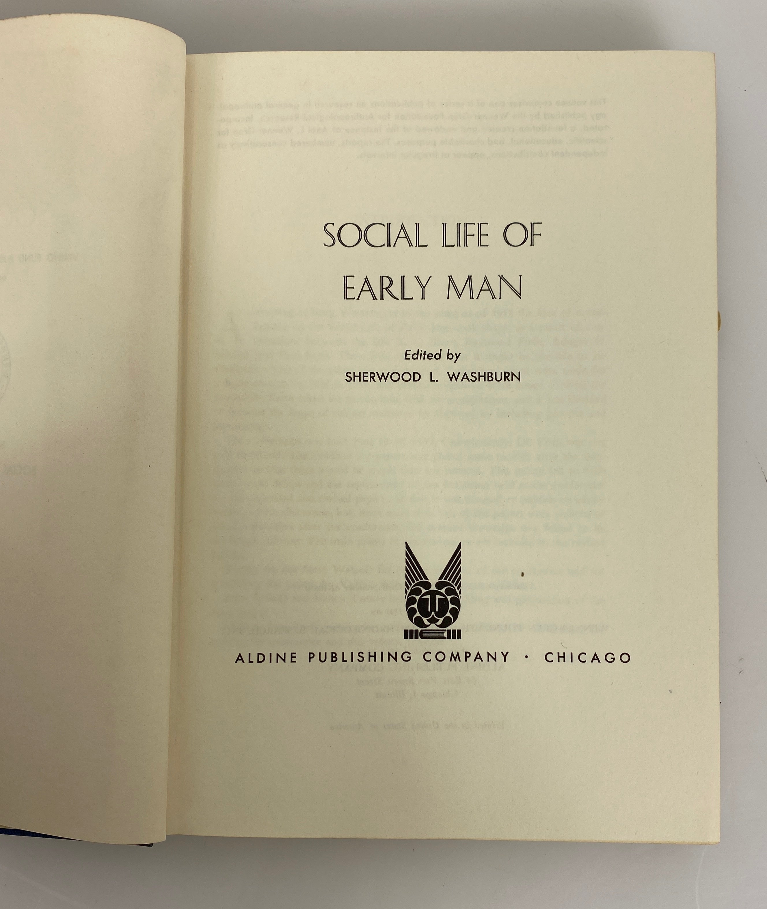 Social Life of Early Man by Sherwood L. Washburn 1961 HC DJ