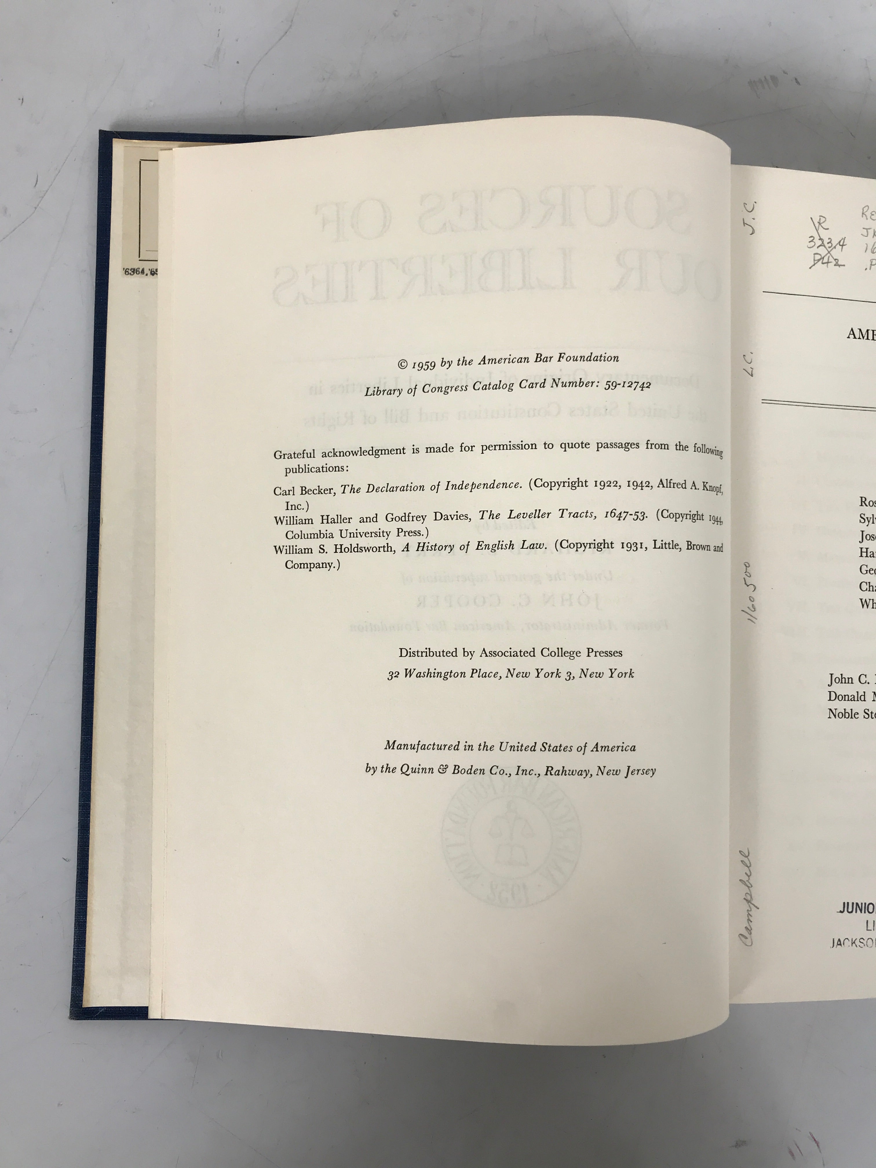 Sources of Our Liberties Constitution/Bill of Rights Perry 1959 HC