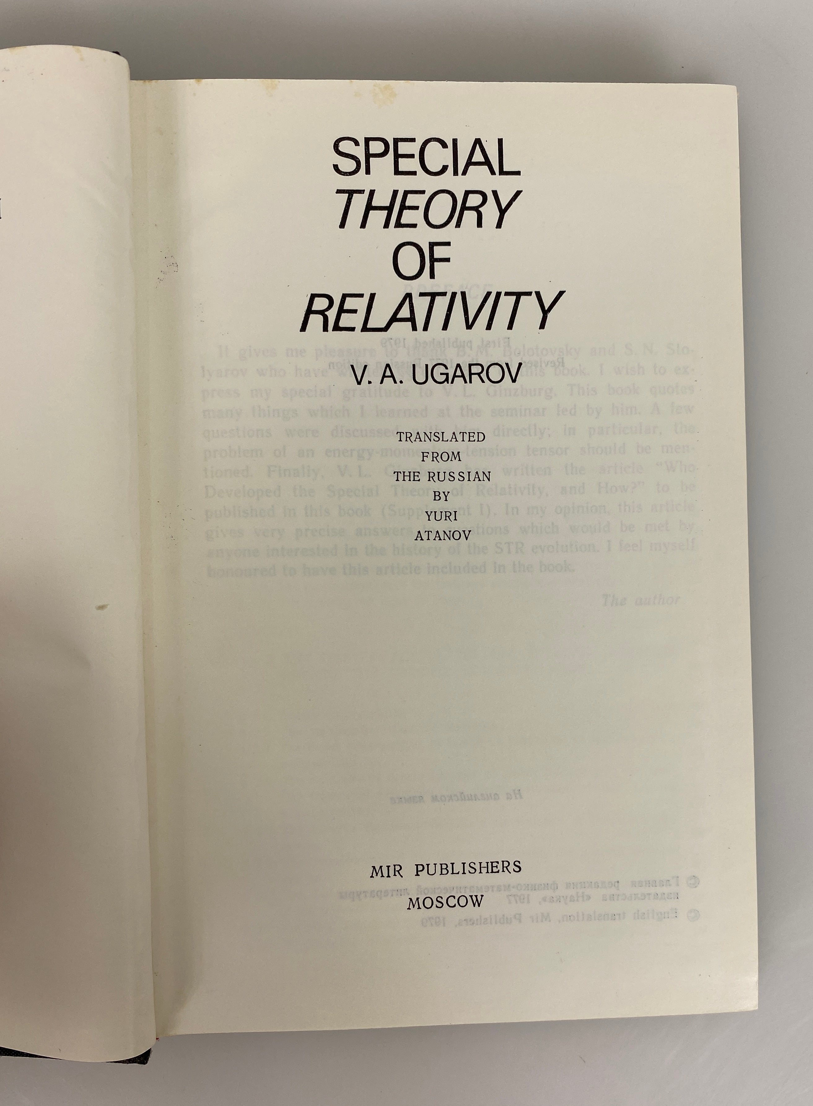Special Theory of Relativity V.A. Ugarov 1979 Mir Publishers HC DJ