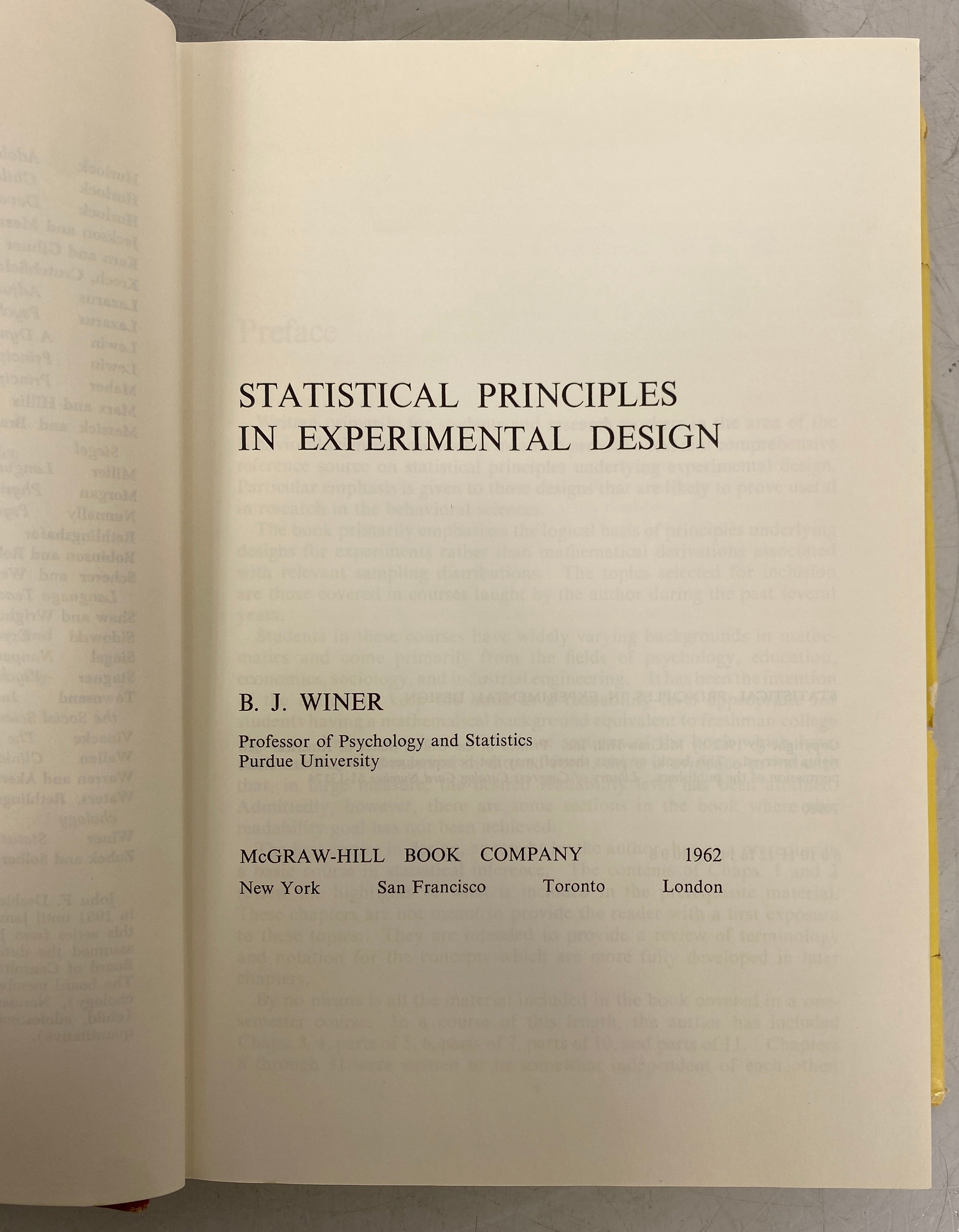 Statistical Principles in Experimental Design by B.J. Winer 1962 HC DJ