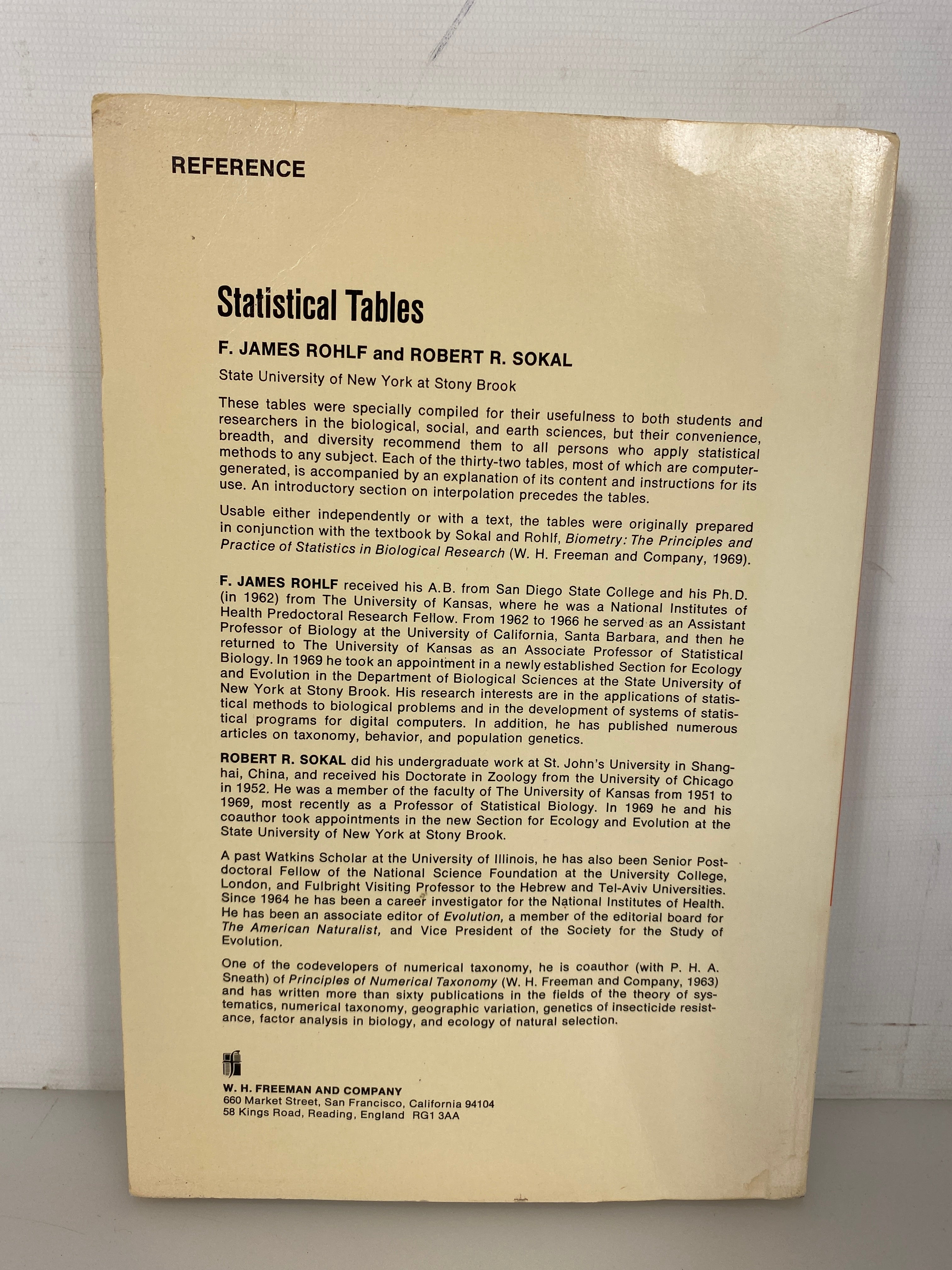 Statistical Tables by Rohlf/Sokal 1969 Vintage SC