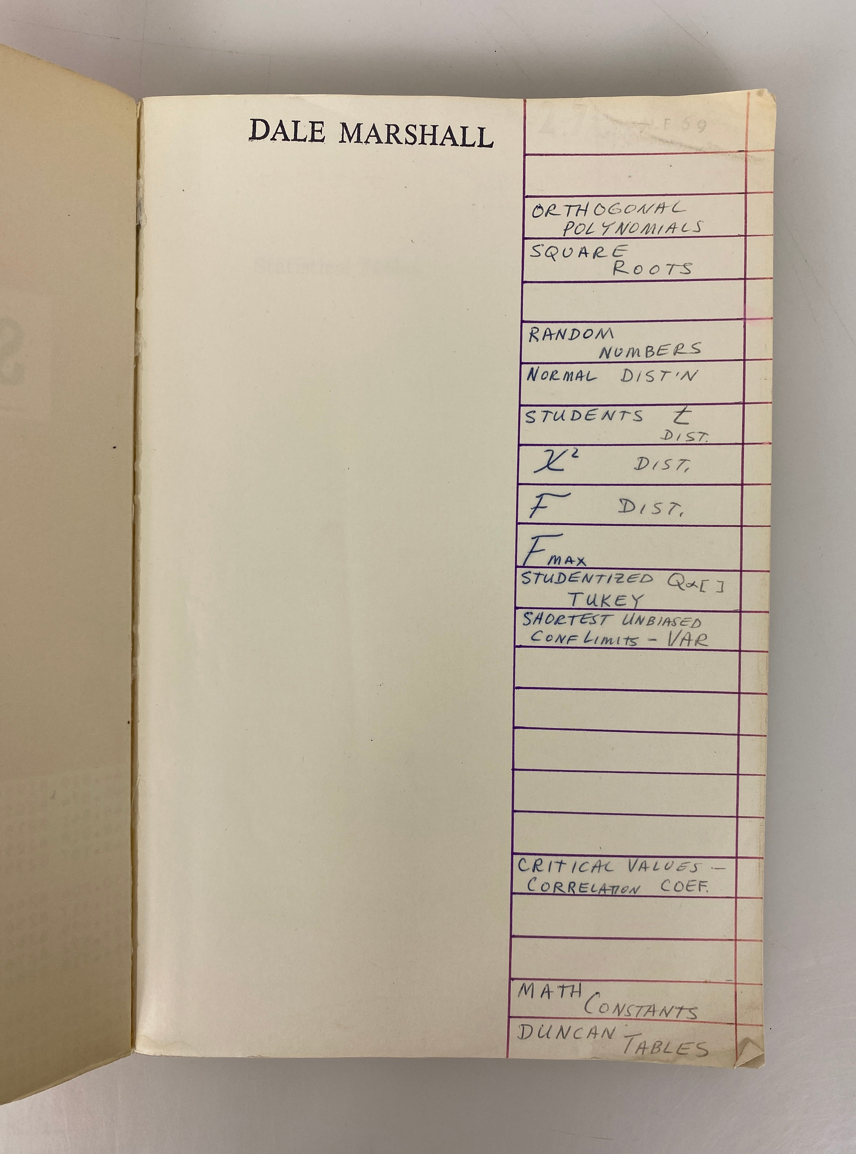 Statistical Tables by Rohlf/Sokal 1969 Vintage SC