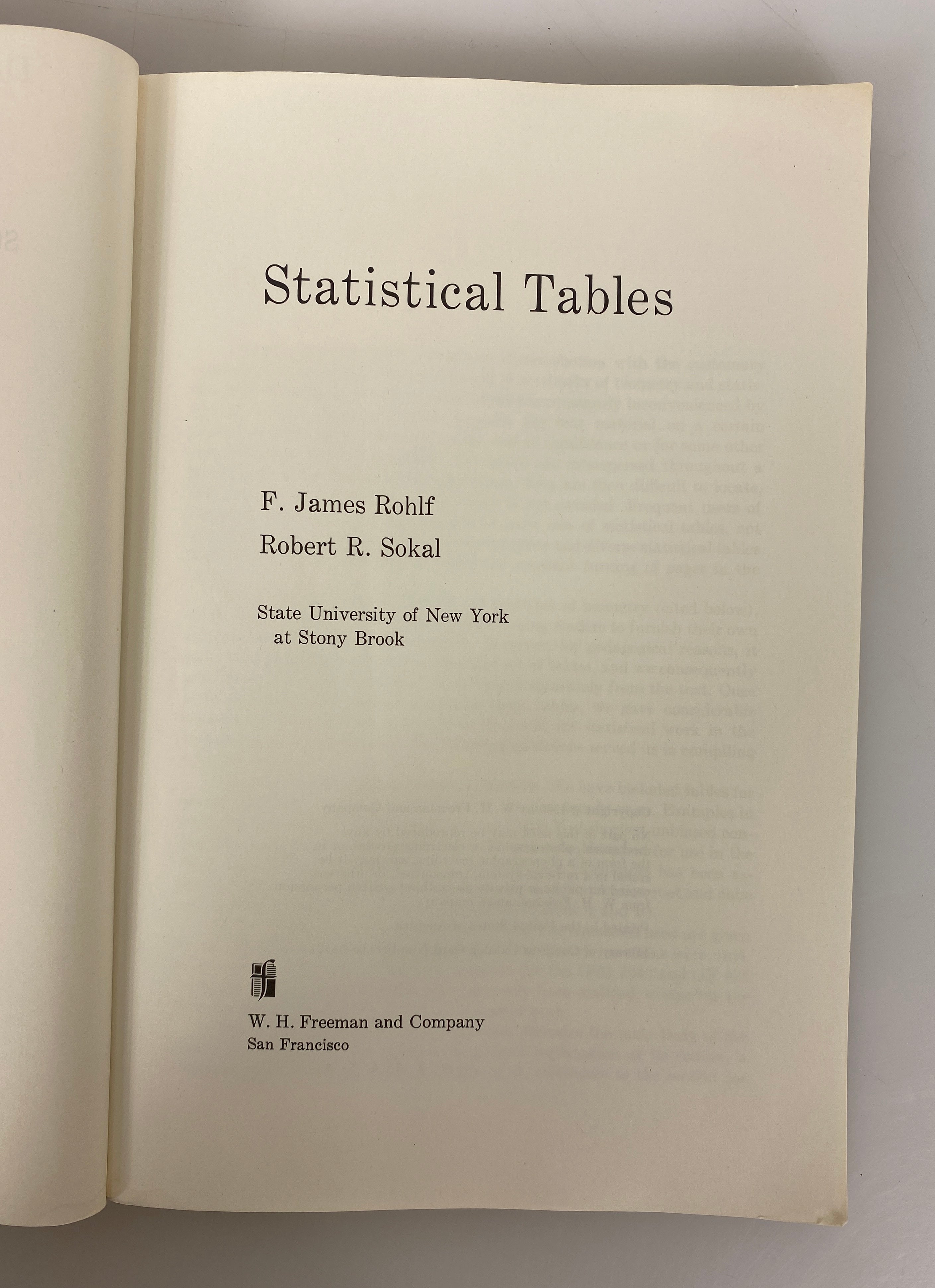 Statistical Tables by Rohlf/Sokal 1969 Vintage SC
