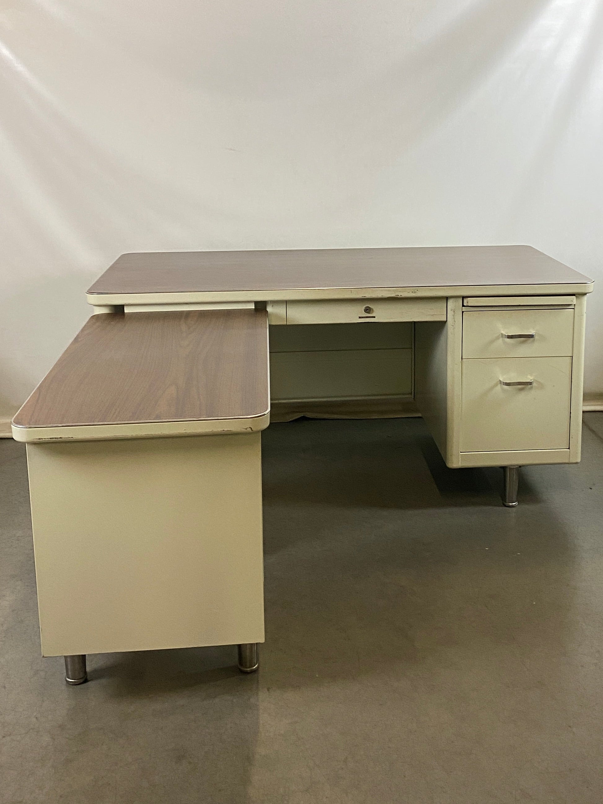 Steelcase White Tanker Desk w/ Wood Grain Top
