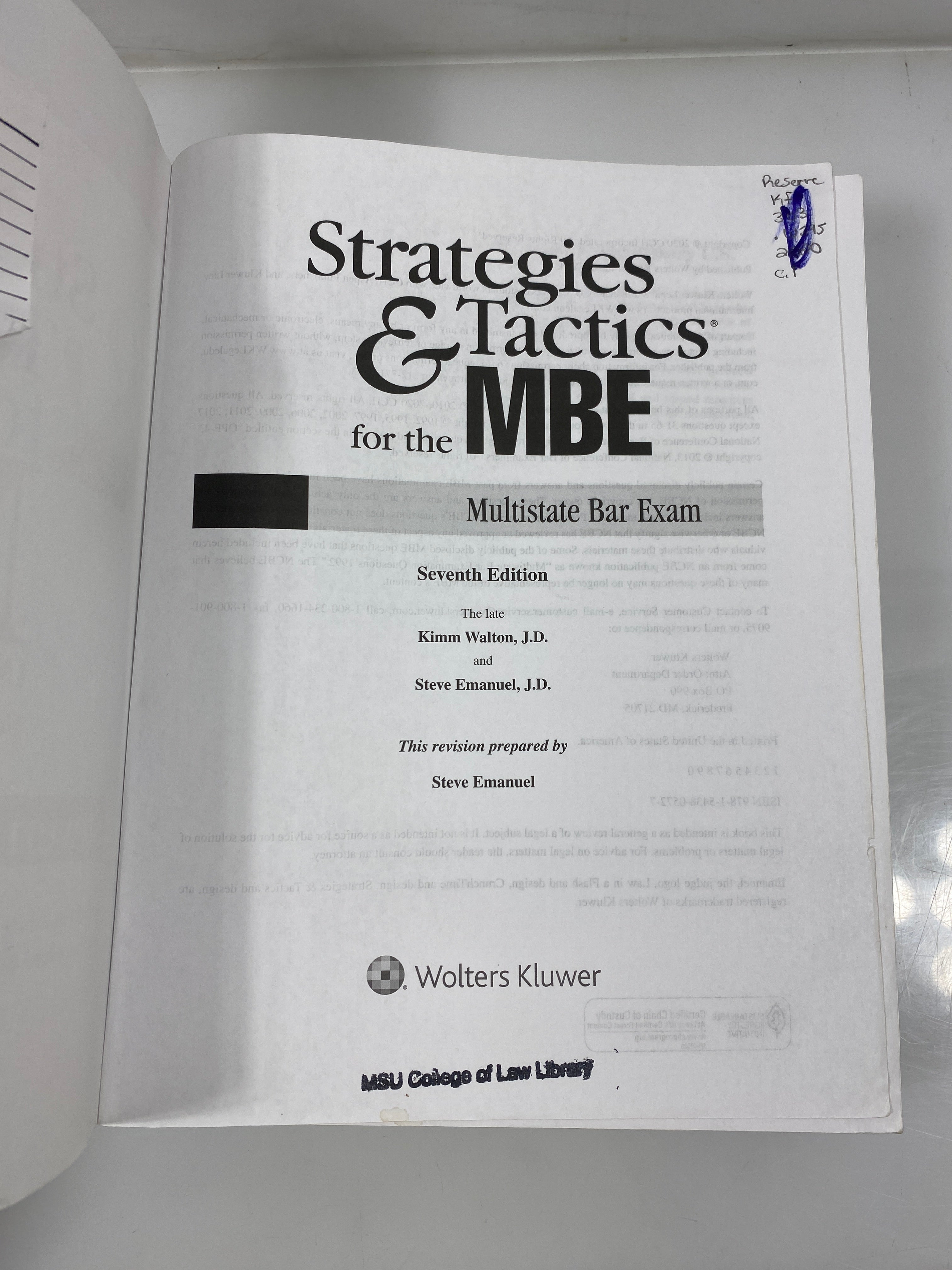 Strategies & Tactics for the MBE 7th Ed. Wolter Kluwer 2020 Ex-library SC