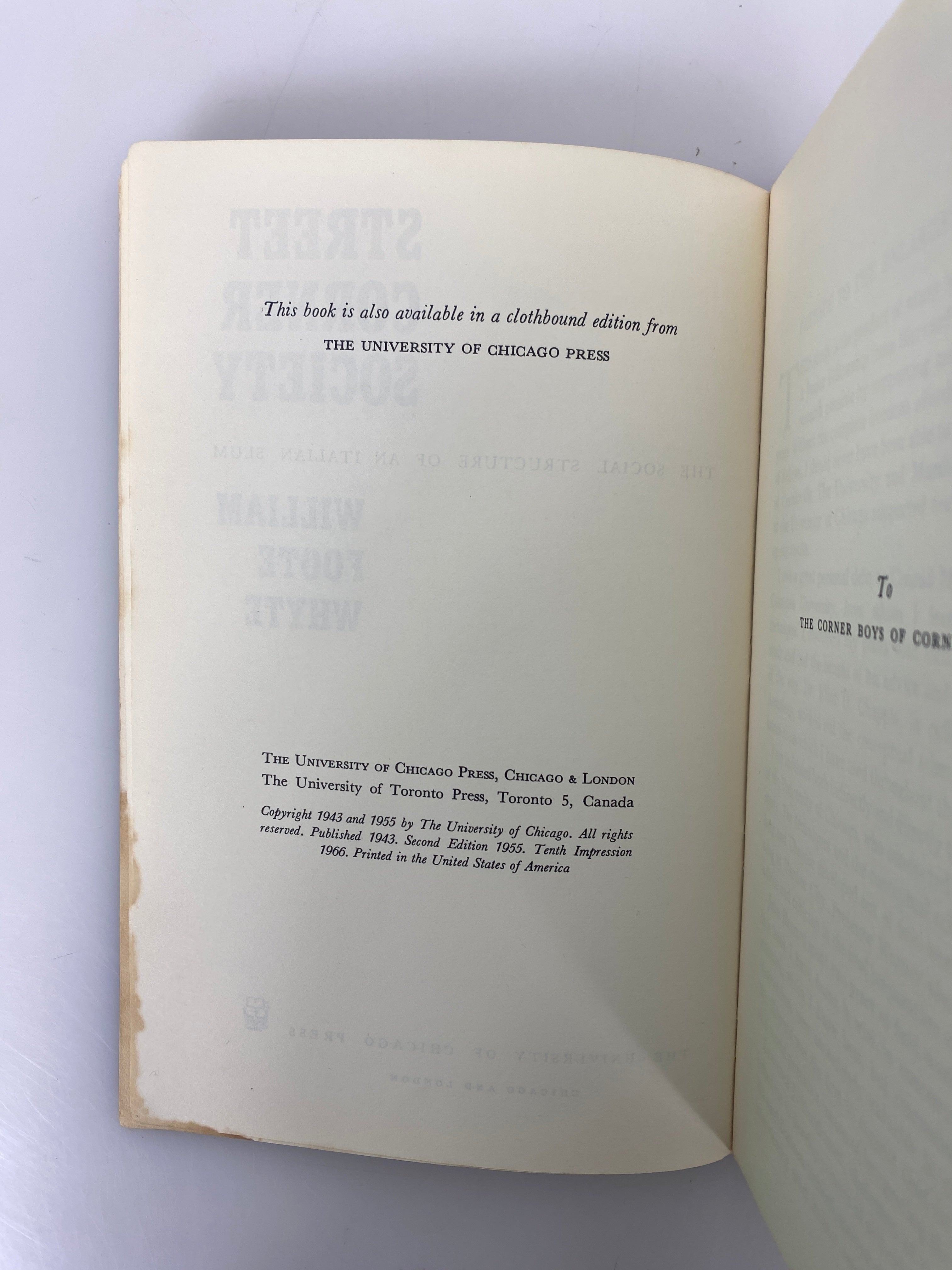Street Corner Society by William Foote Whyte 1966 10th Impression Vintage SC
