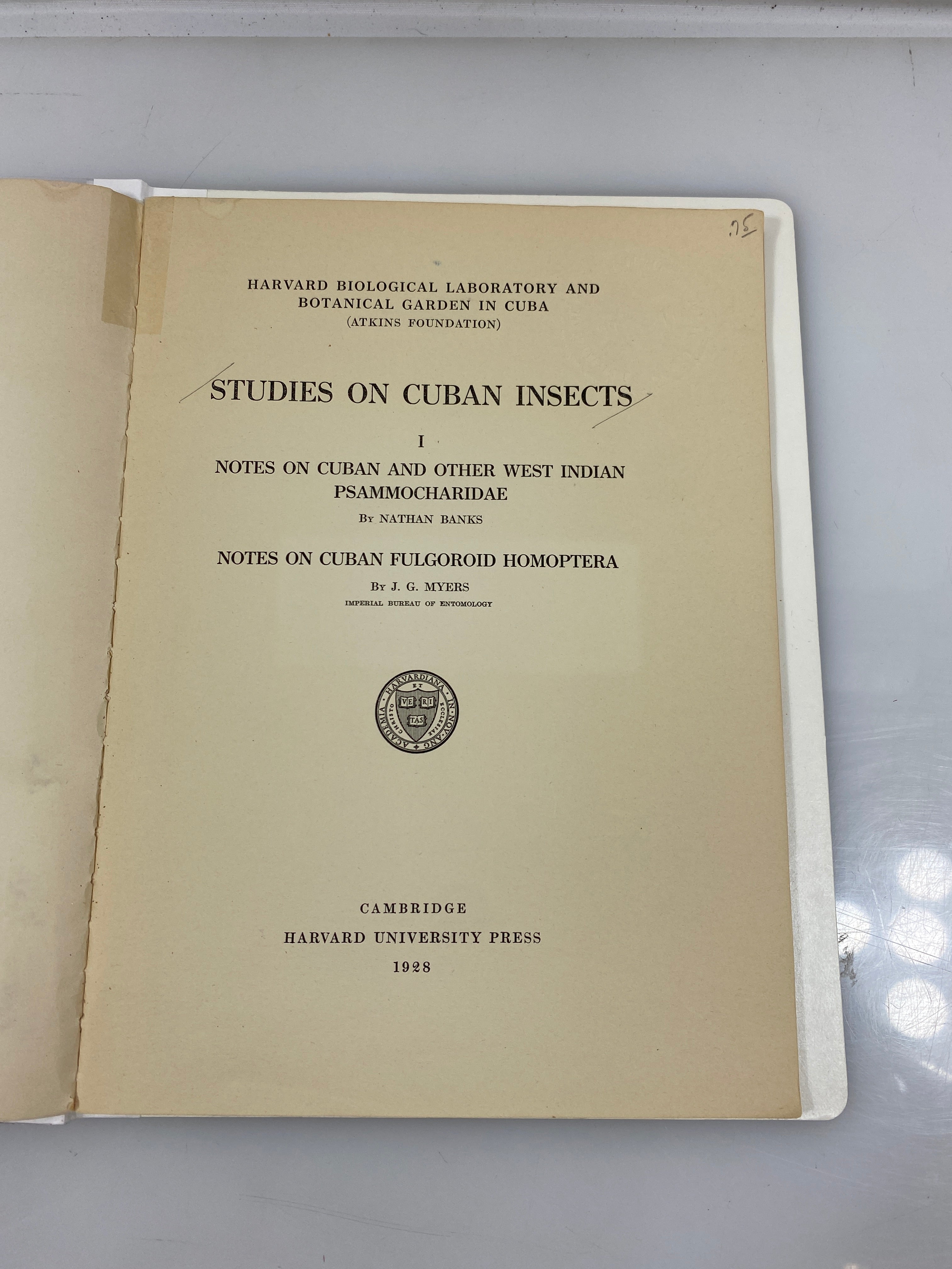 Studies on Cuban Insects I Harvard University Press 1928 Library Bound HC