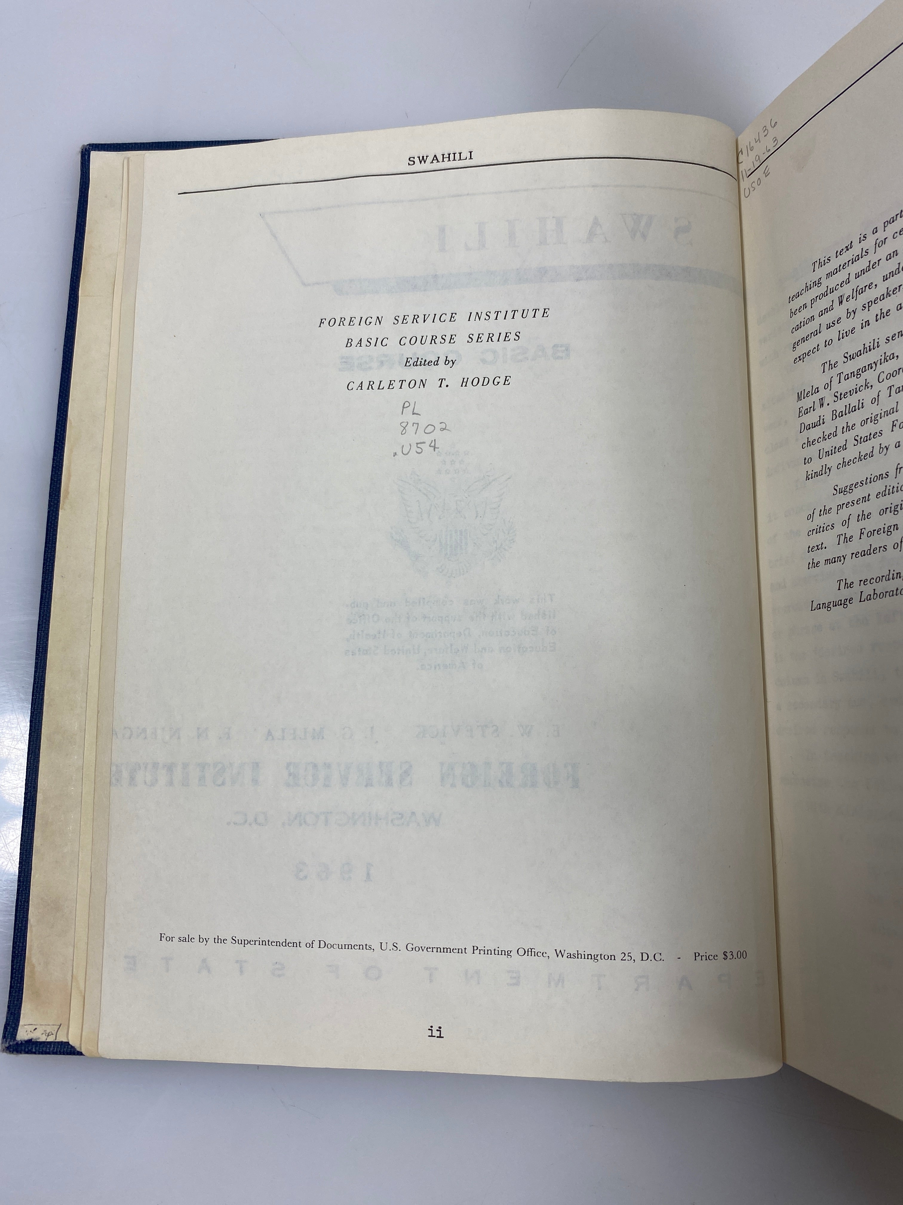 Swahili Basic Course Foreign Service Institute Ex-library 1963 HC