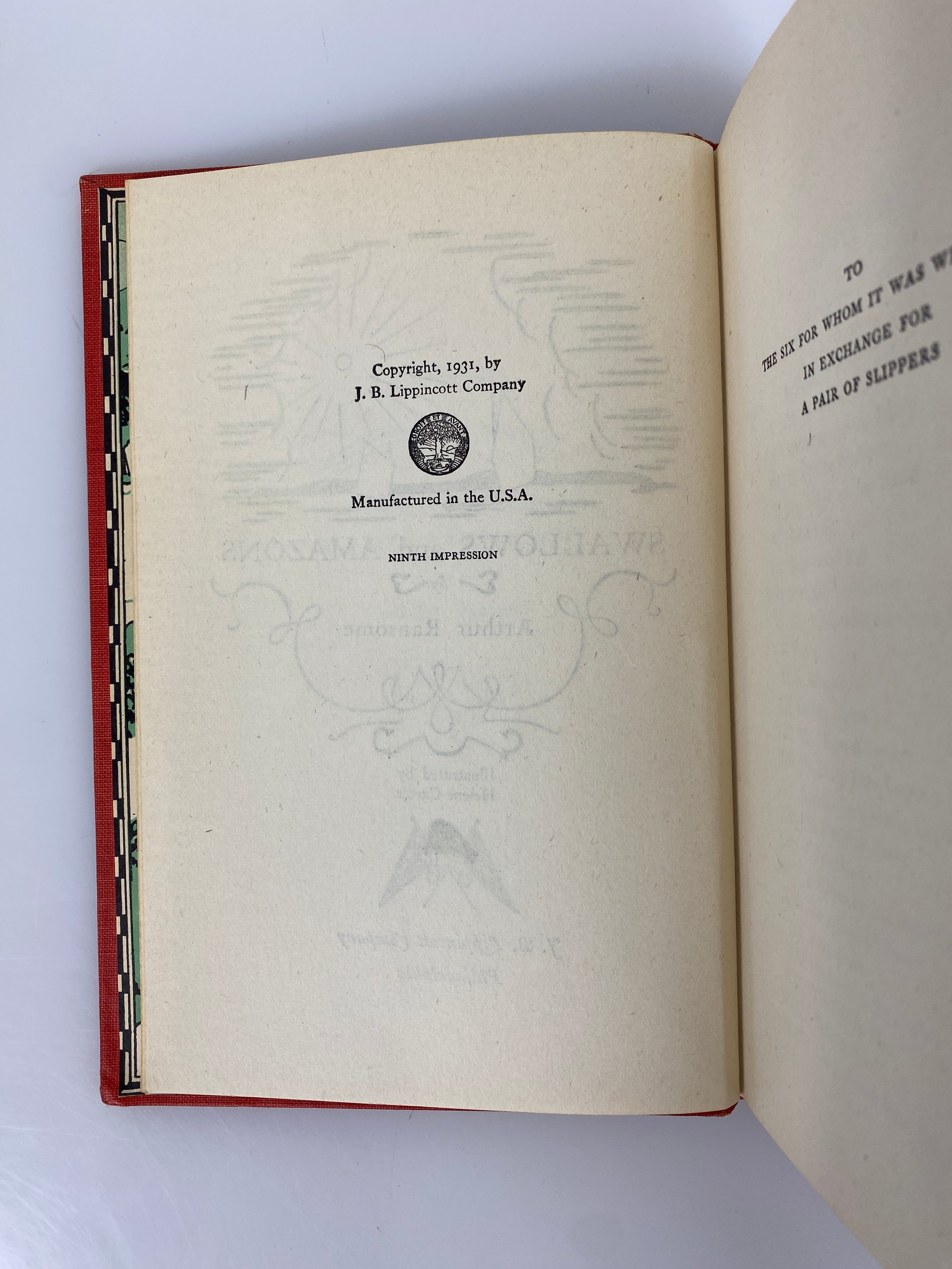 Swallows & Amazons by Arthur Ransome 1931 Ninth Impression HC