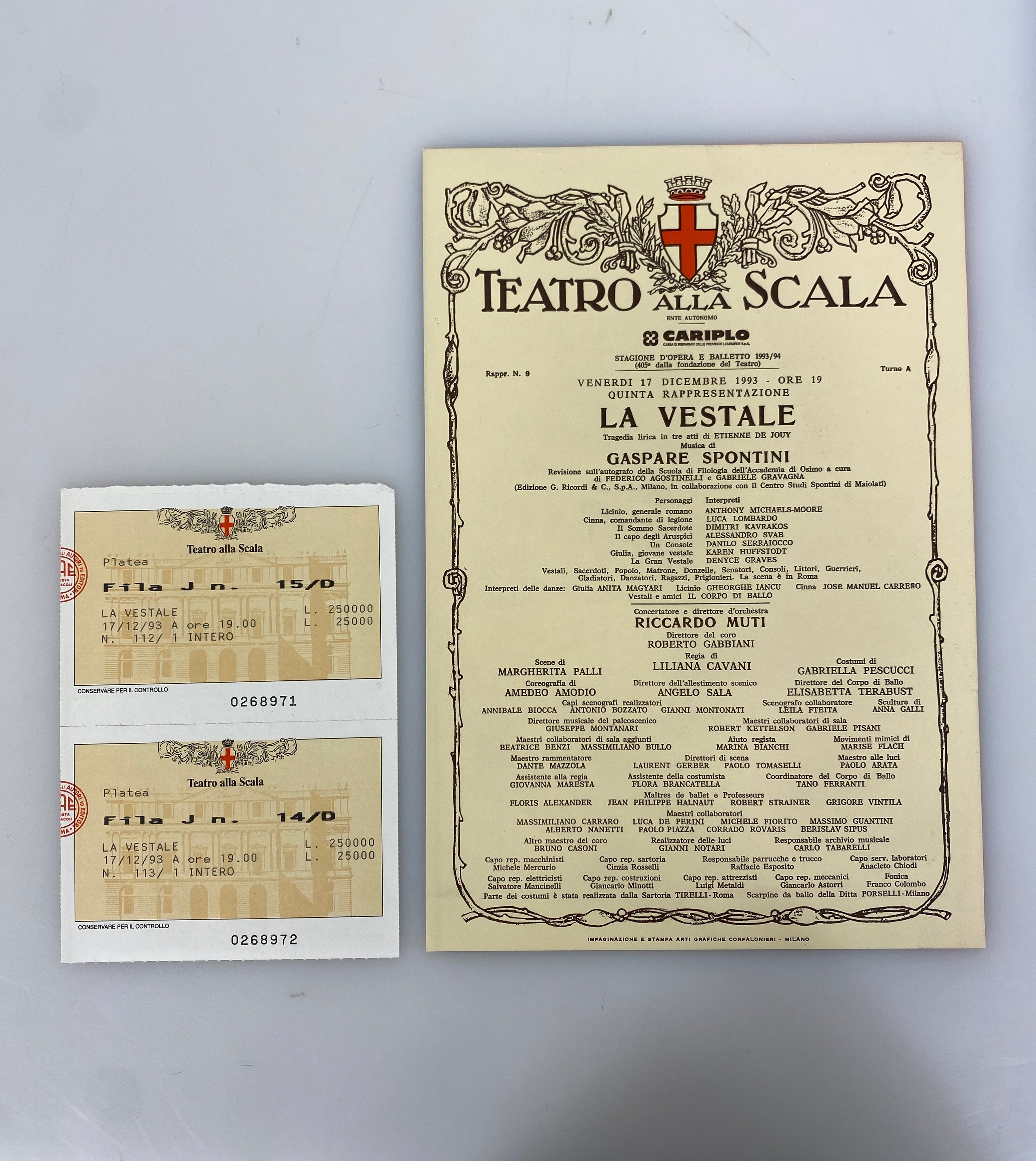 Teatro alla Scala La Vestale 1993 HC DJ Program w Ephemera