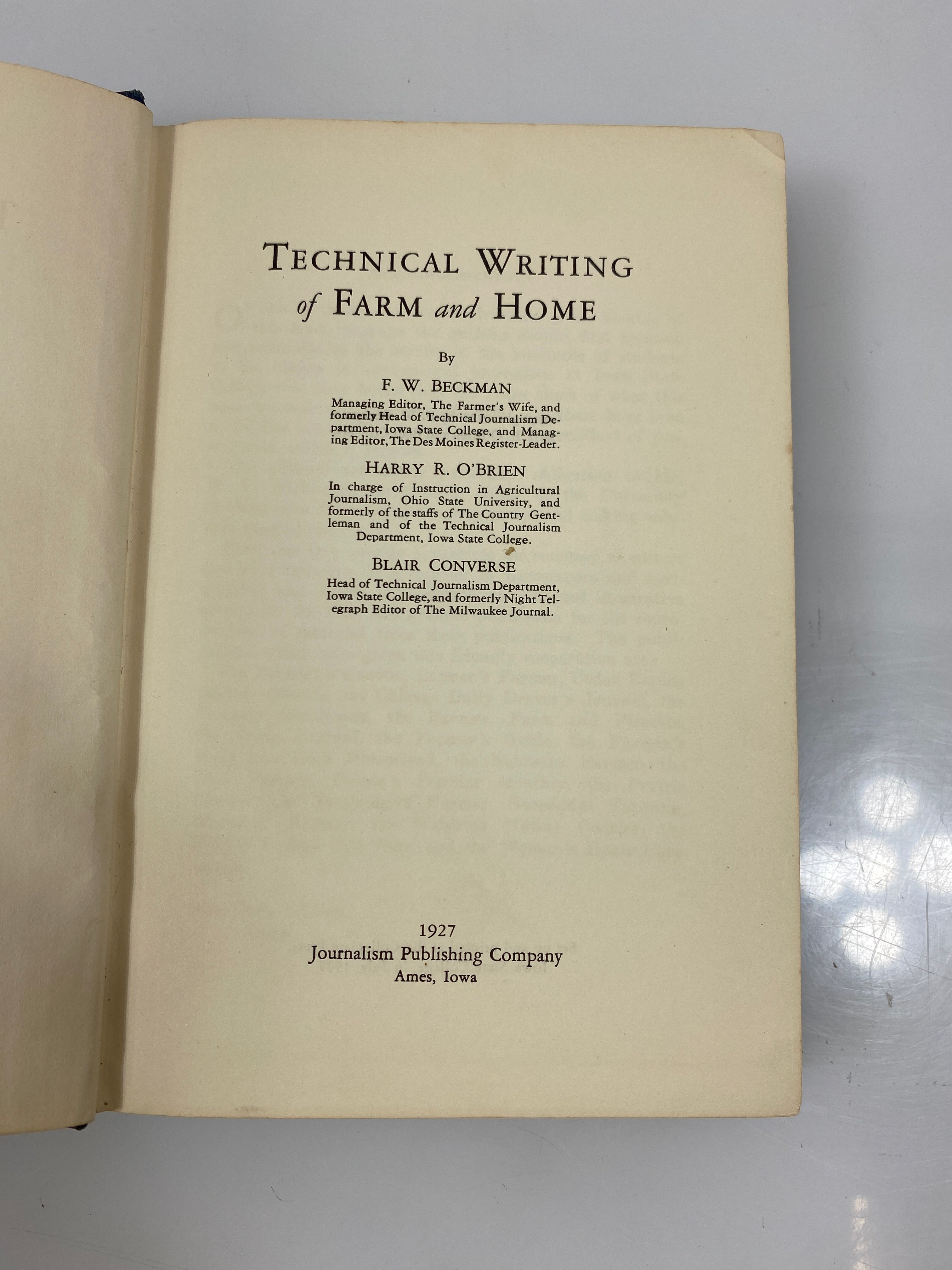 Technical Writing of Farm and Home by Beckman/O'Brien/Converse 1927 HC