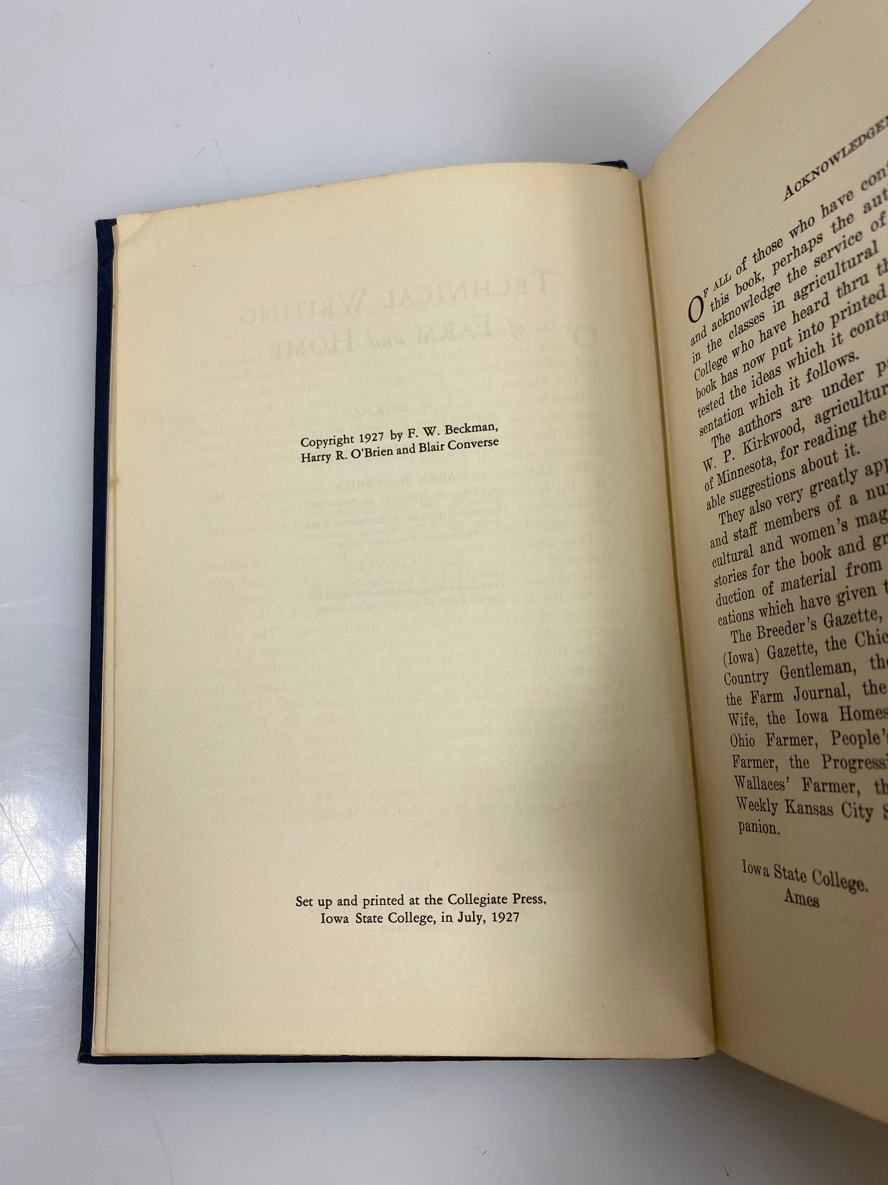 Technical Writing of Farm and Home by Beckman/O'Brien/Converse 1927 HC