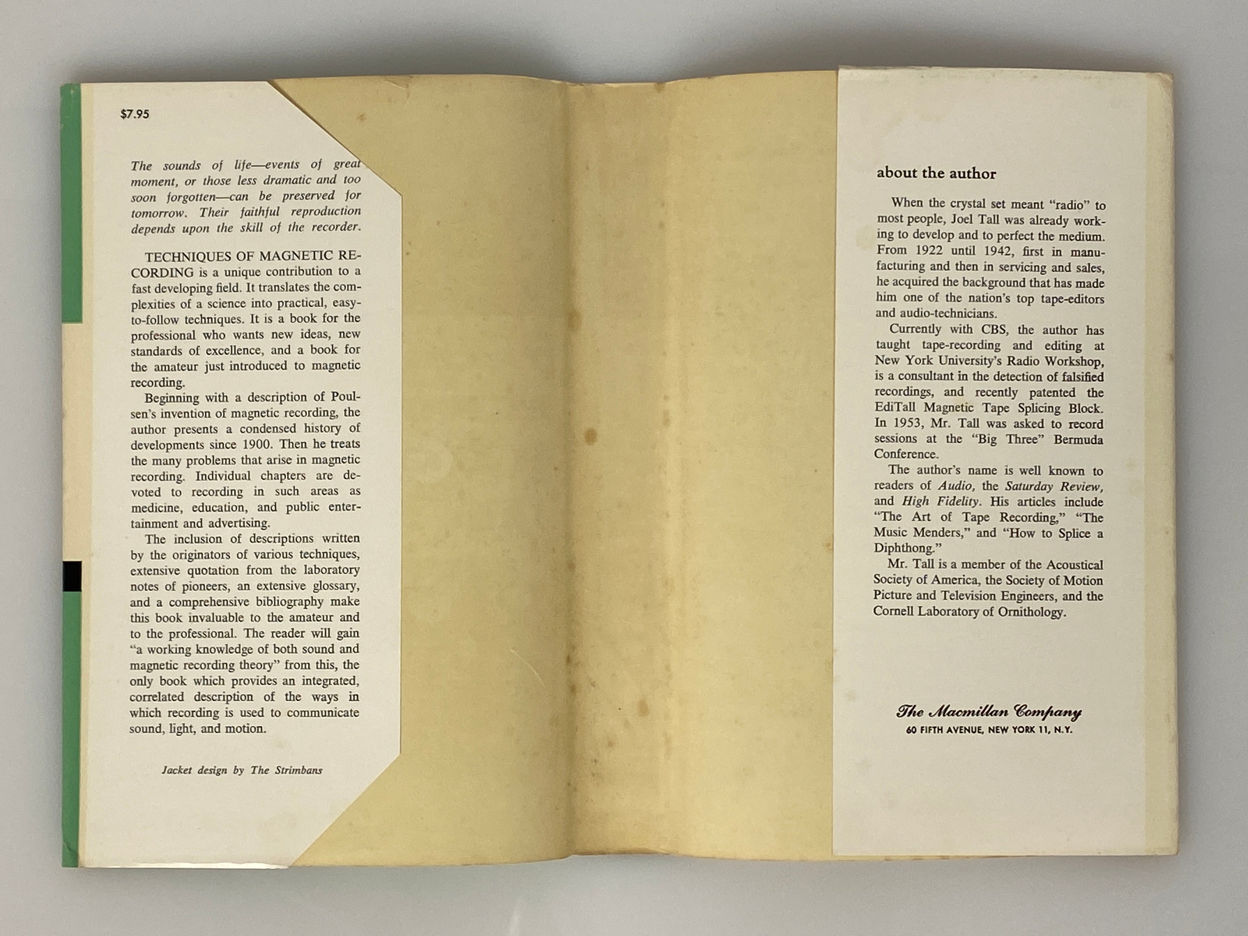 Techniques of Magnetic Recording by Joes Tall 1958 1st Printing HC DJ