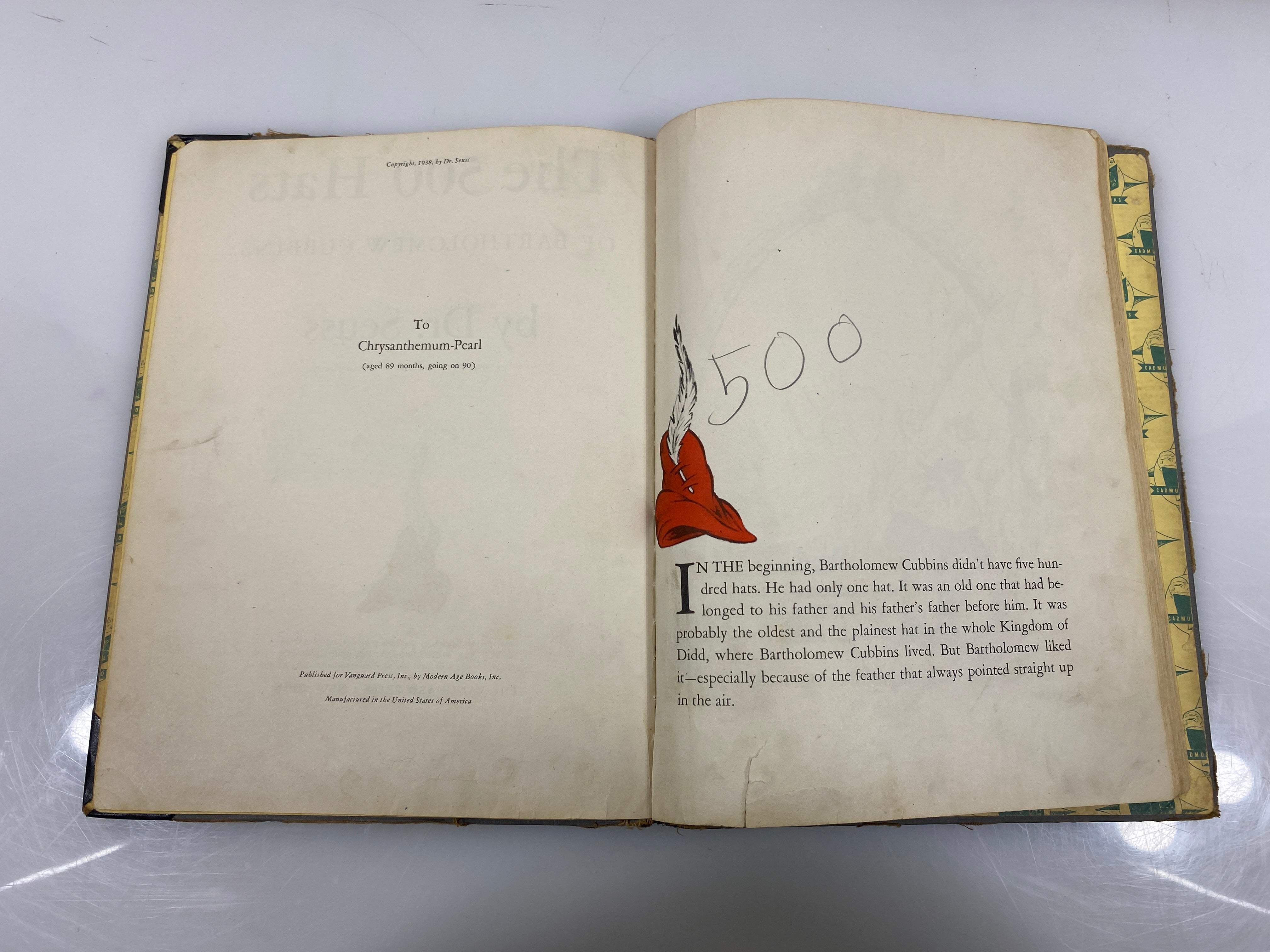 The 500 Hats of Batholomew Cubbins by Dr Seuss 1938 HC