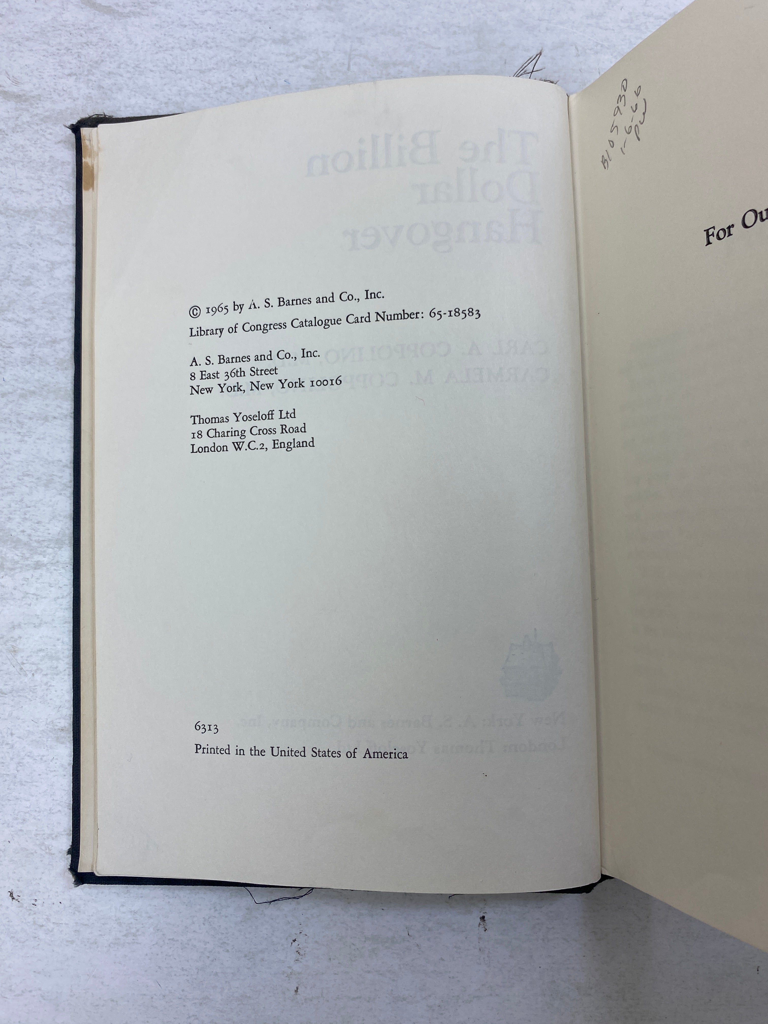 The Billion Dollar Hangover by Coppolino/Coppolino Ex-library 1965 HC
