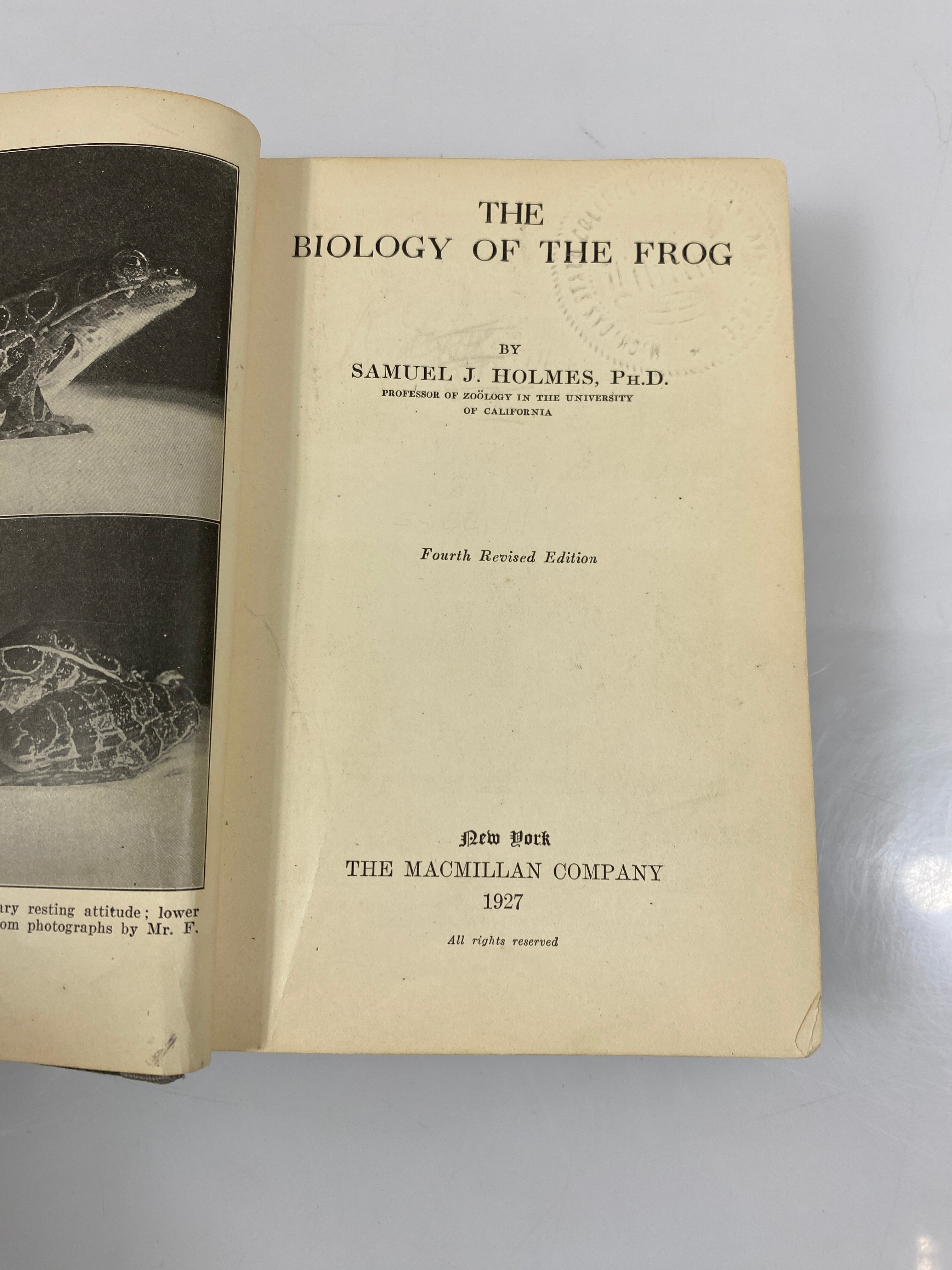 The Biology of the Frog by Holmes 4th Ed. Ex-library 1927 HC