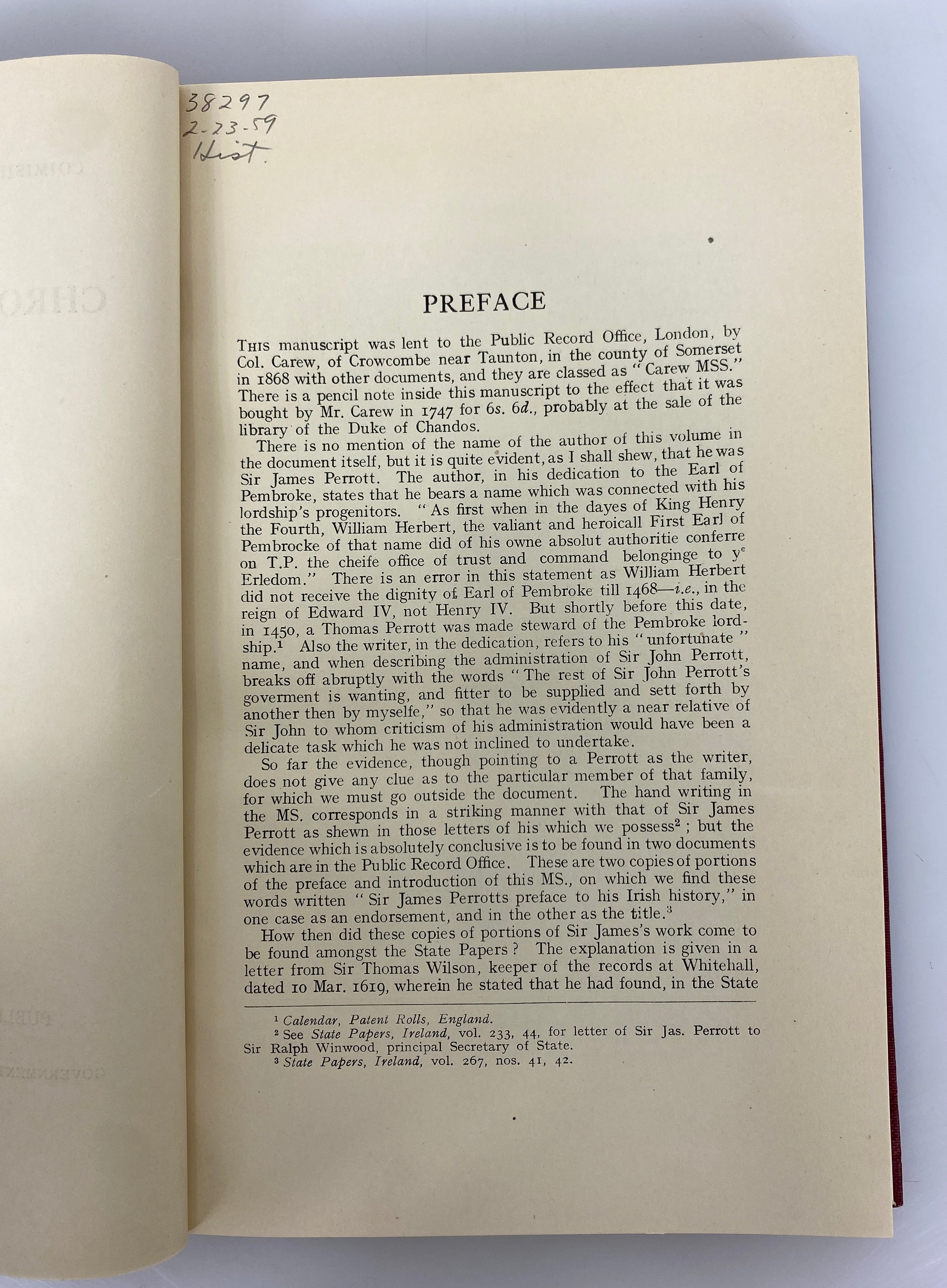 The Chronicle of Ireland 1584-1608 by James Perrott 1933 Ex-Library HC